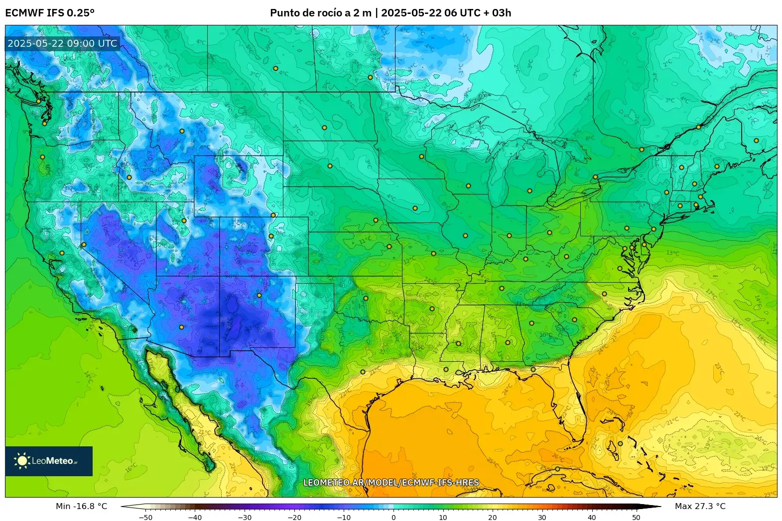 ECMWF IFS 0.25° model - Estados Unidos, Punto de rocío a 2 m