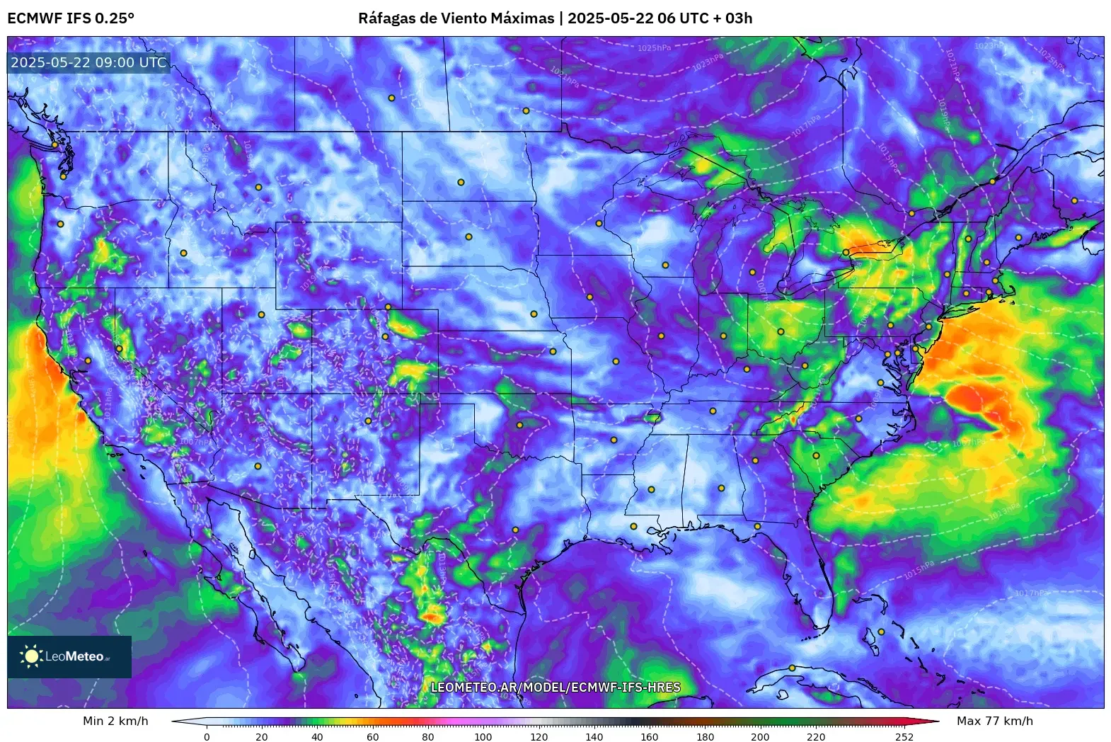 ECMWF IFS 0.25° model - Estados Unidos, Ráfagas de Viento Máximas
