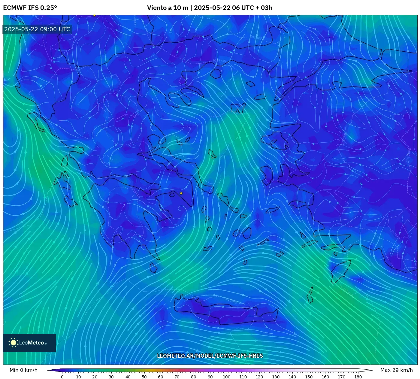 ECMWF IFS 0.25° model - Grecia, Viento a 10 m ECMWF IFS 0.25° model - Grecia, Viento a 10 m