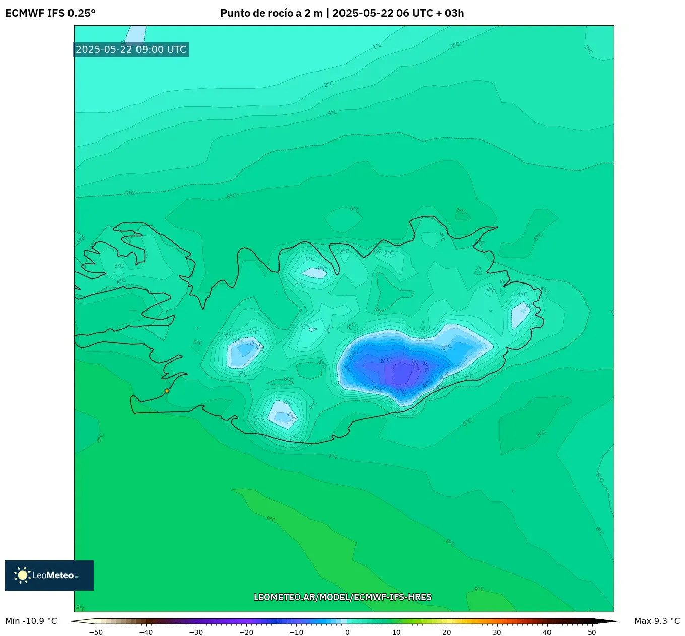 ECMWF IFS 0.25° model - Islandia, Punto de rocío a 2 m ECMWF IFS 0.25° model - Islandia, Punto de rocío a 2 m