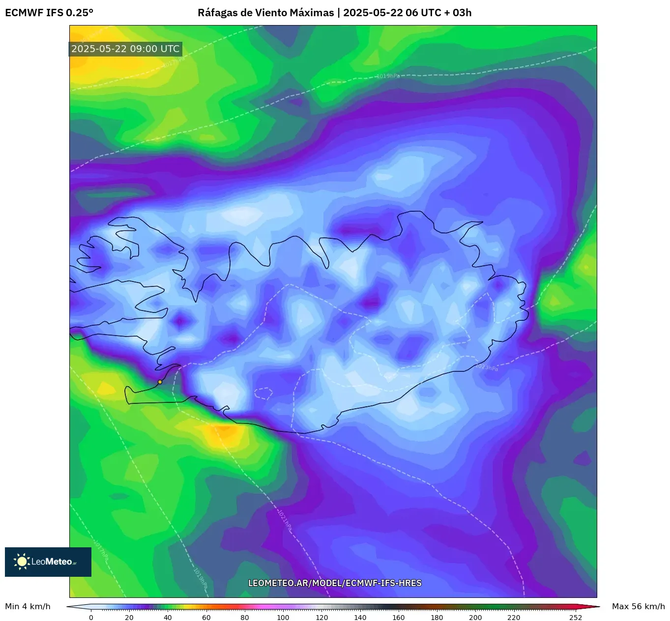 ECMWF IFS 0.25° model - Islandia, Ráfagas de Viento Máximas ECMWF IFS 0.25° model - Islandia, Ráfagas de Viento Máximas