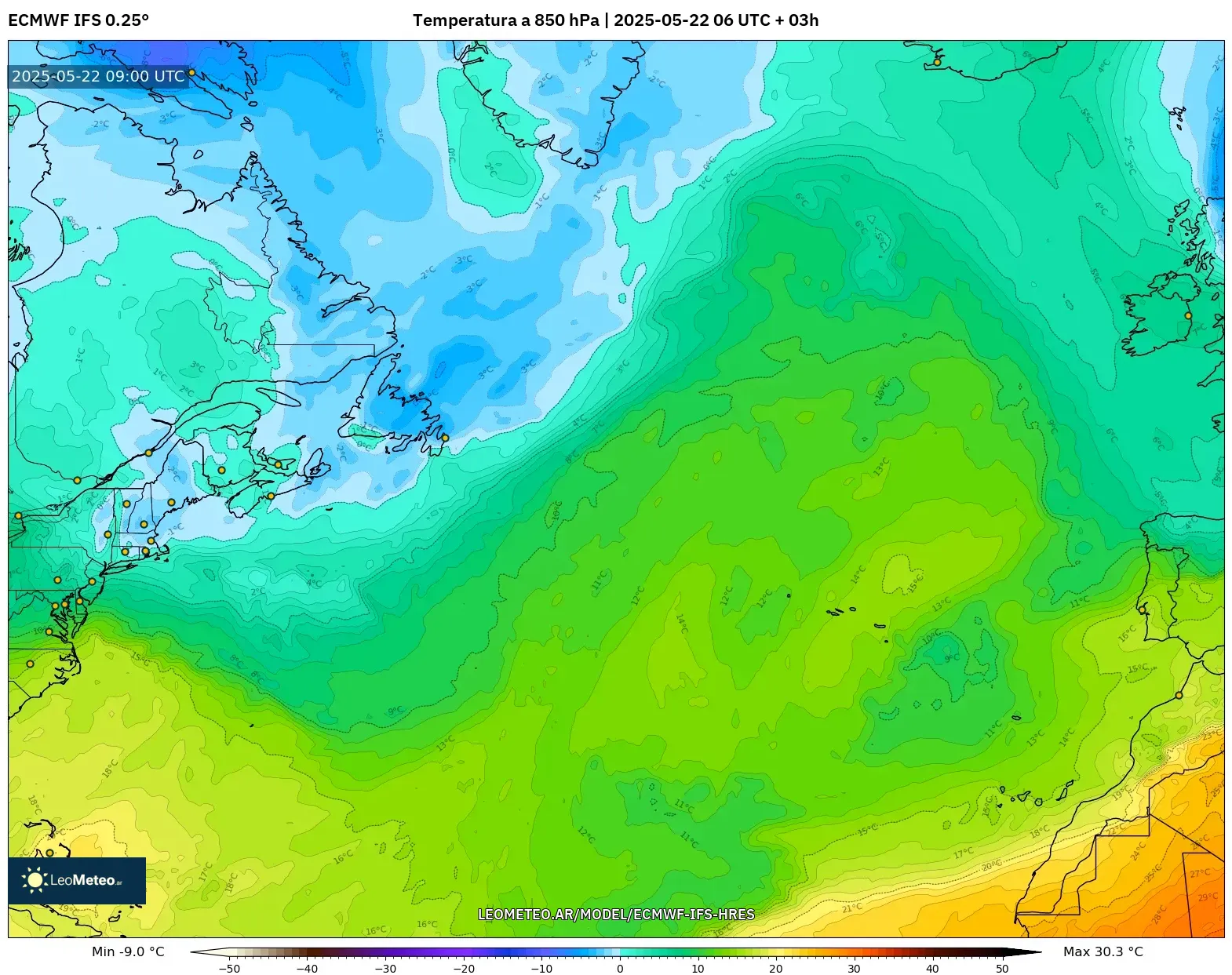 ECMWF IFS 0.25° model - Norte Atlántico, Temperatura a 850 hPa ECMWF IFS 0.25° model - Norte Atlántico, Temperatura a 850 hPa