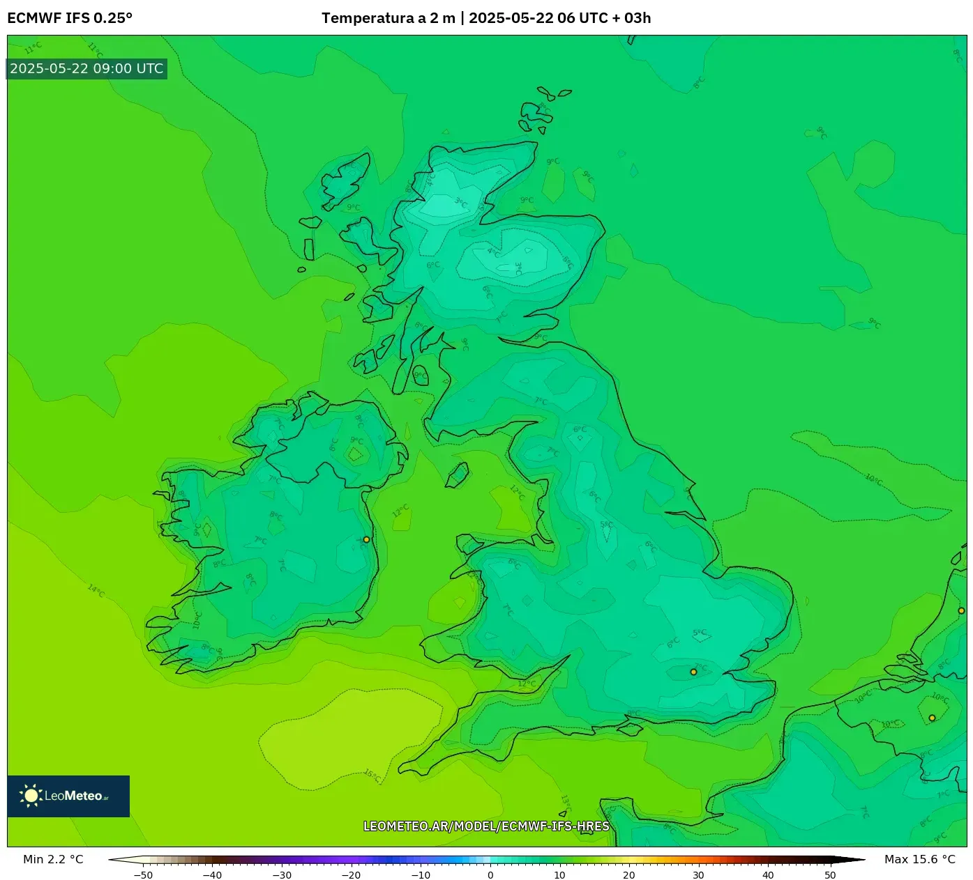 ECMWF IFS 0.25° model - Reino Unido, Temperatura a 2 m ECMWF IFS 0.25° model - Reino Unido, Temperatura a 2 m