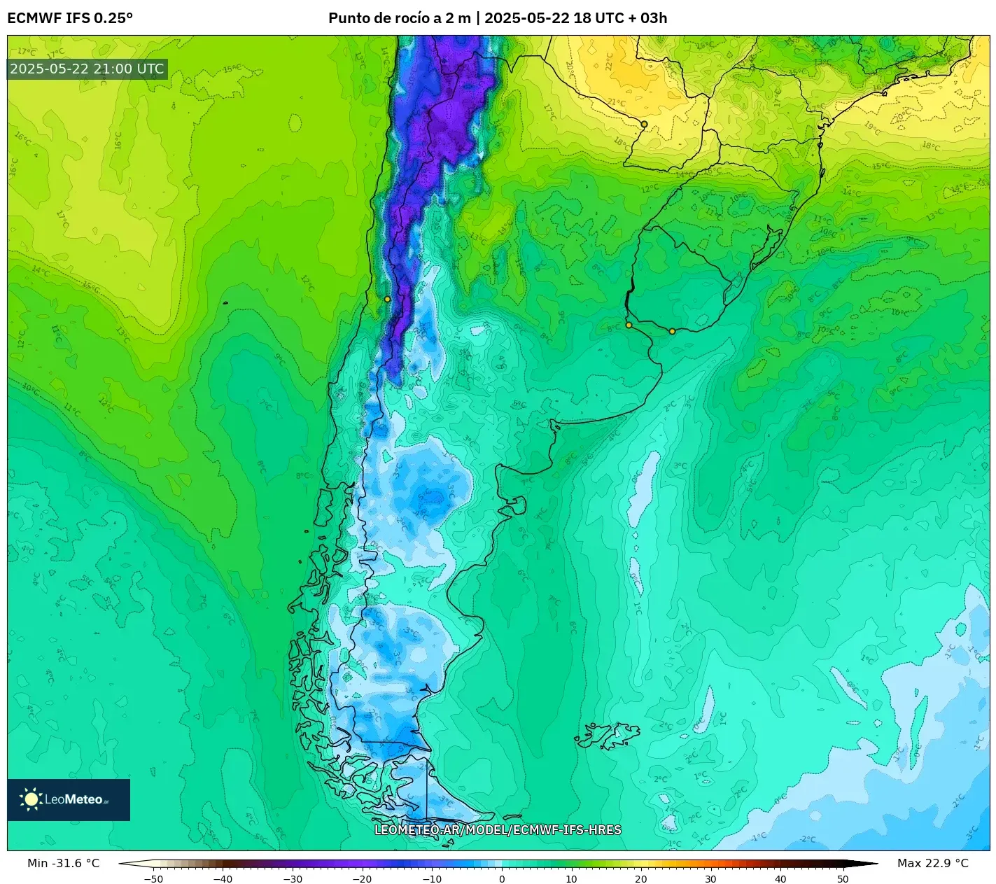 ECMWF IFS 0.25° model - Argentina, Punto de rocío a 2 m ECMWF IFS 0.25° model - Argentina, Punto de rocío a 2 m