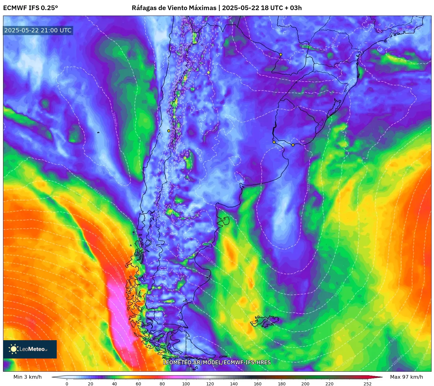 ECMWF IFS 0.25° model - Argentina, Ráfagas de Viento Máximas ECMWF IFS 0.25° model - Argentina, Ráfagas de Viento Máximas
