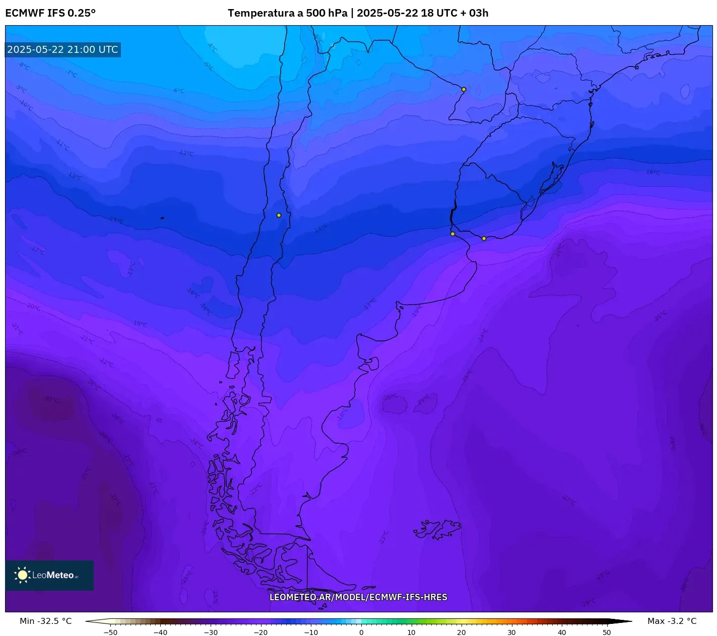 ECMWF IFS 0.25° model - Argentina, Temperatura a 500 hPa ECMWF IFS 0.25° model - Argentina, Temperatura a 500 hPa