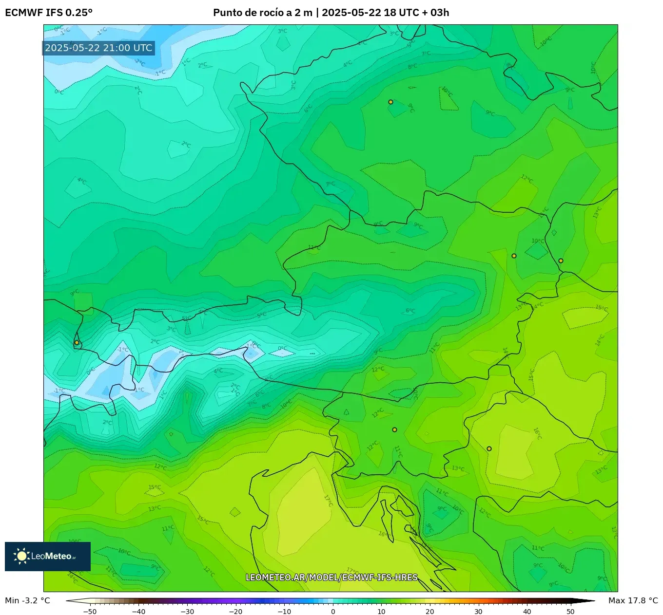 ECMWF IFS 0.25° model - Austria, Punto de rocío a 2 m ECMWF IFS 0.25° model - Austria, Punto de rocío a 2 m