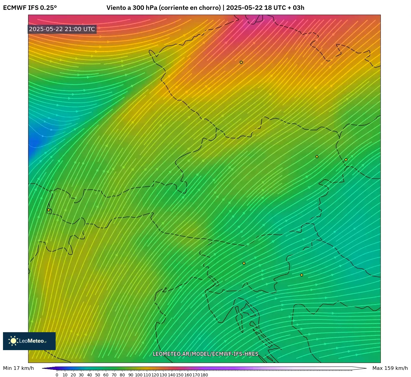 ECMWF IFS 0.25° model - Austria, Viento a 300 hPa (corriente en chorro) ECMWF IFS 0.25° model - Austria, Viento a 300 hPa (corriente en chorro)