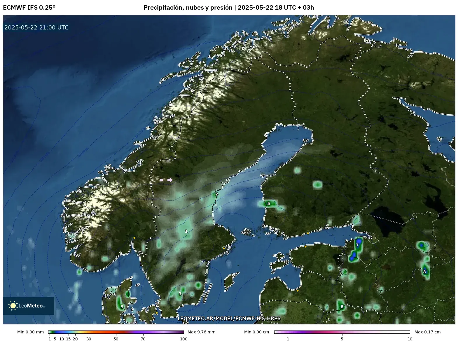 ECMWF IFS 0.25° model - Escandinavia, Precipitación, nubes y presión ECMWF IFS 0.25° model - Escandinavia, Precipitación, nubes y presión