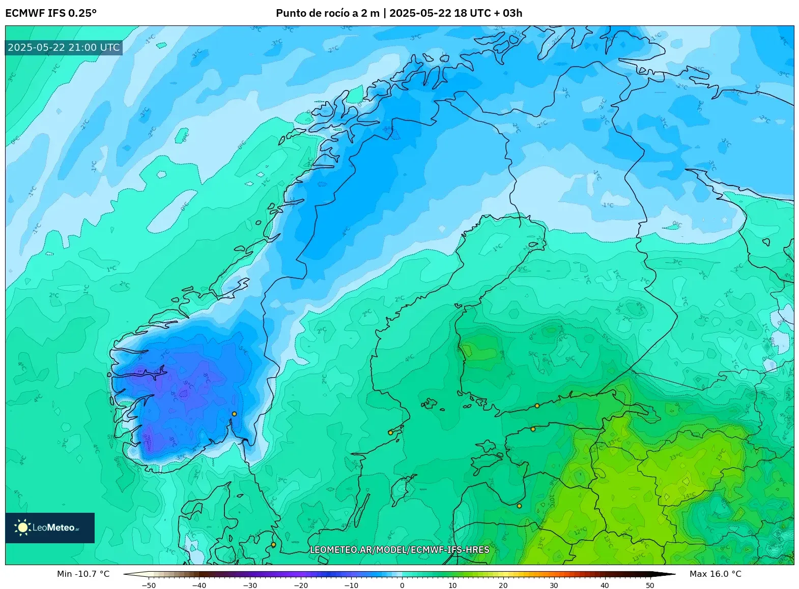 ECMWF IFS 0.25° model - Escandinavia, Punto de rocío a 2 m ECMWF IFS 0.25° model - Escandinavia, Punto de rocío a 2 m
