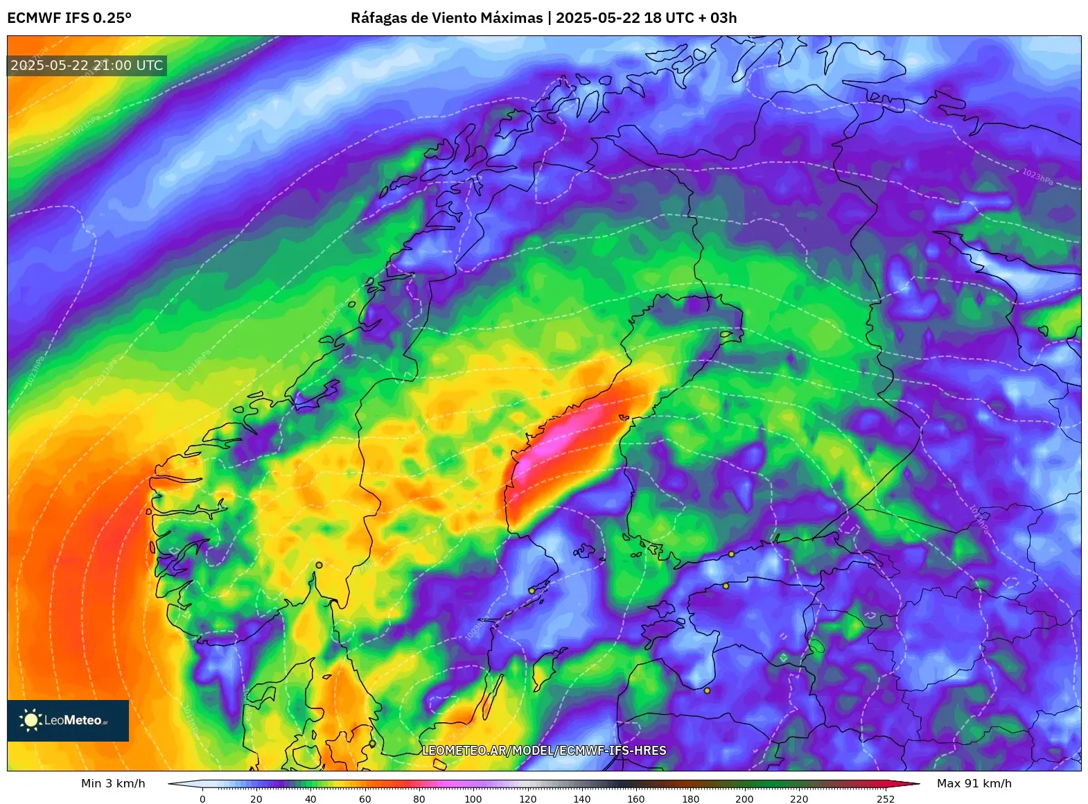 ECMWF IFS 0.25° model - Escandinavia, Ráfagas de Viento Máximas ECMWF IFS 0.25° model - Escandinavia, Ráfagas de Viento Máximas