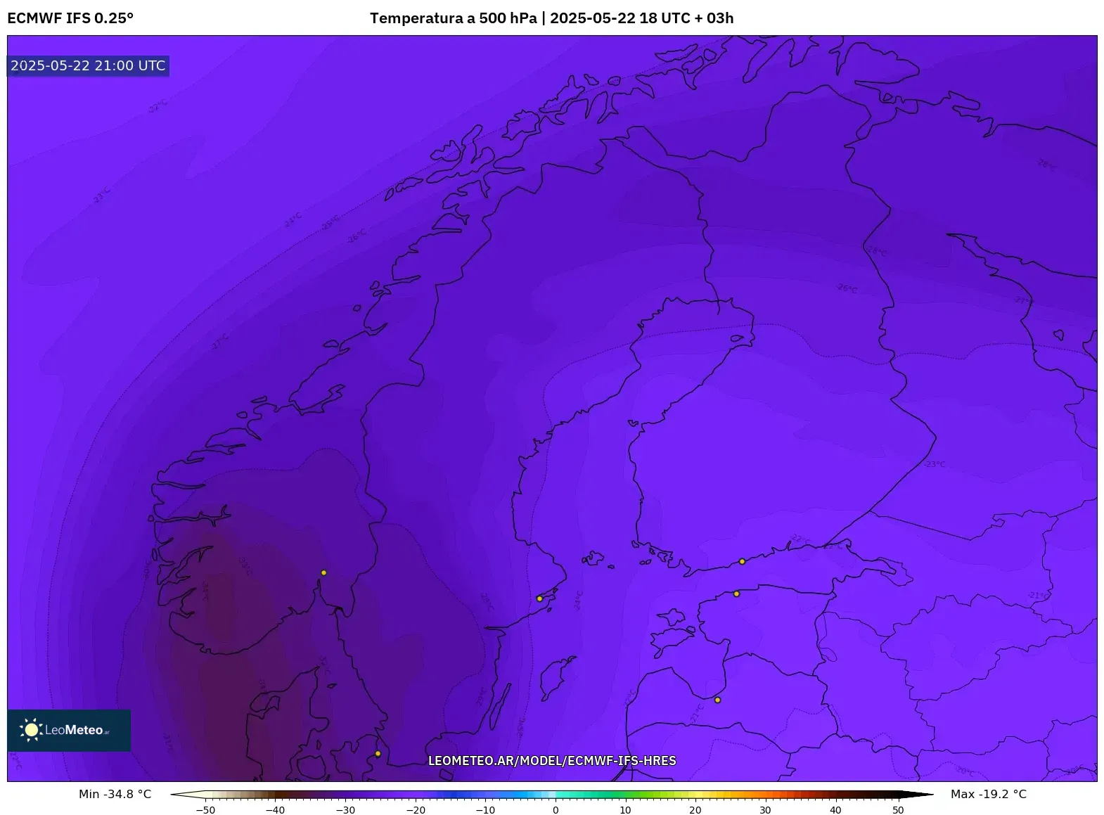 ECMWF IFS 0.25° model - Escandinavia, Temperatura a 500 hPa ECMWF IFS 0.25° model - Escandinavia, Temperatura a 500 hPa
