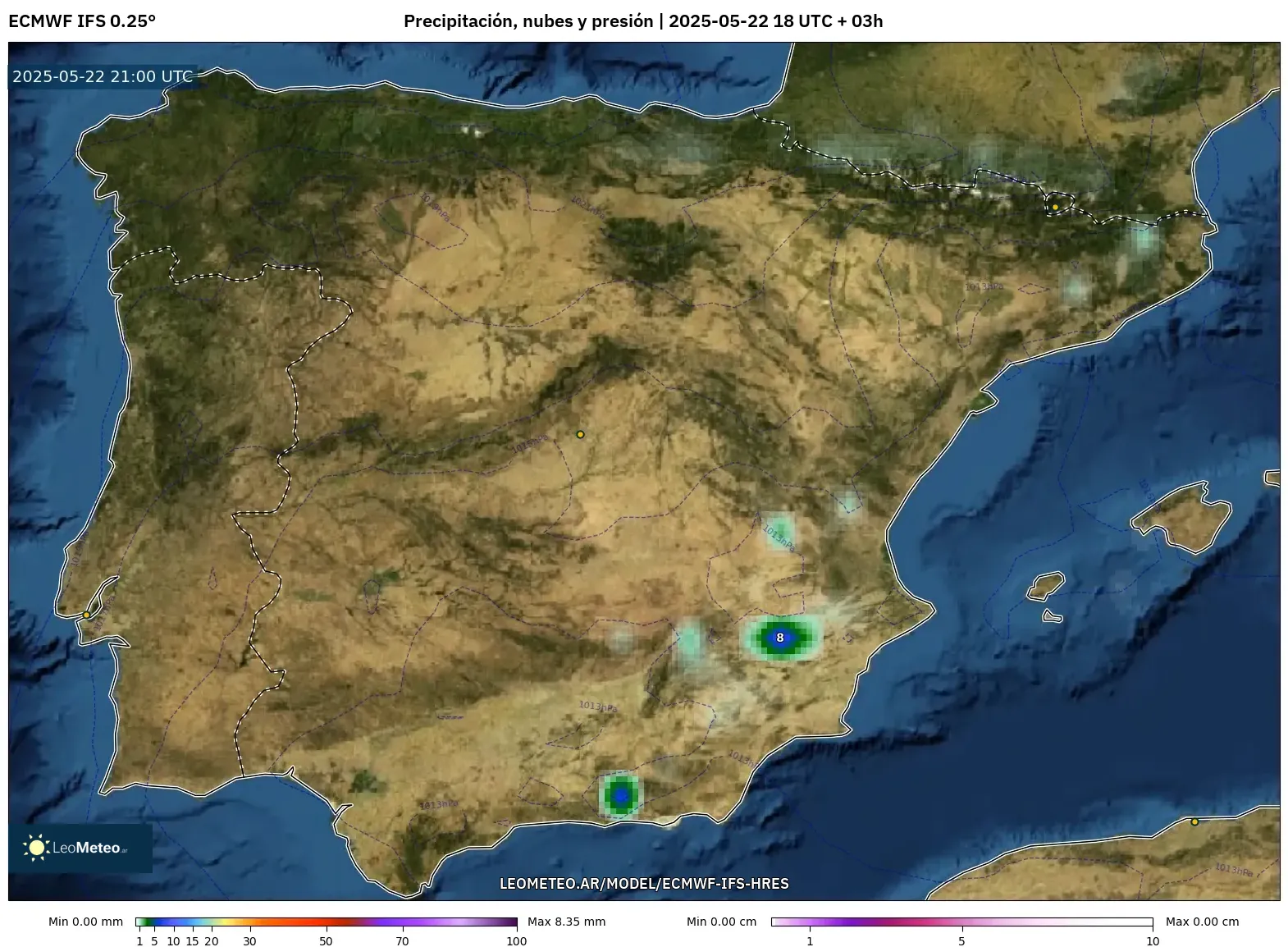 ECMWF IFS 0.25° model - España, Precipitación, nubes y presión ECMWF IFS 0.25° model - España, Precipitación, nubes y presión