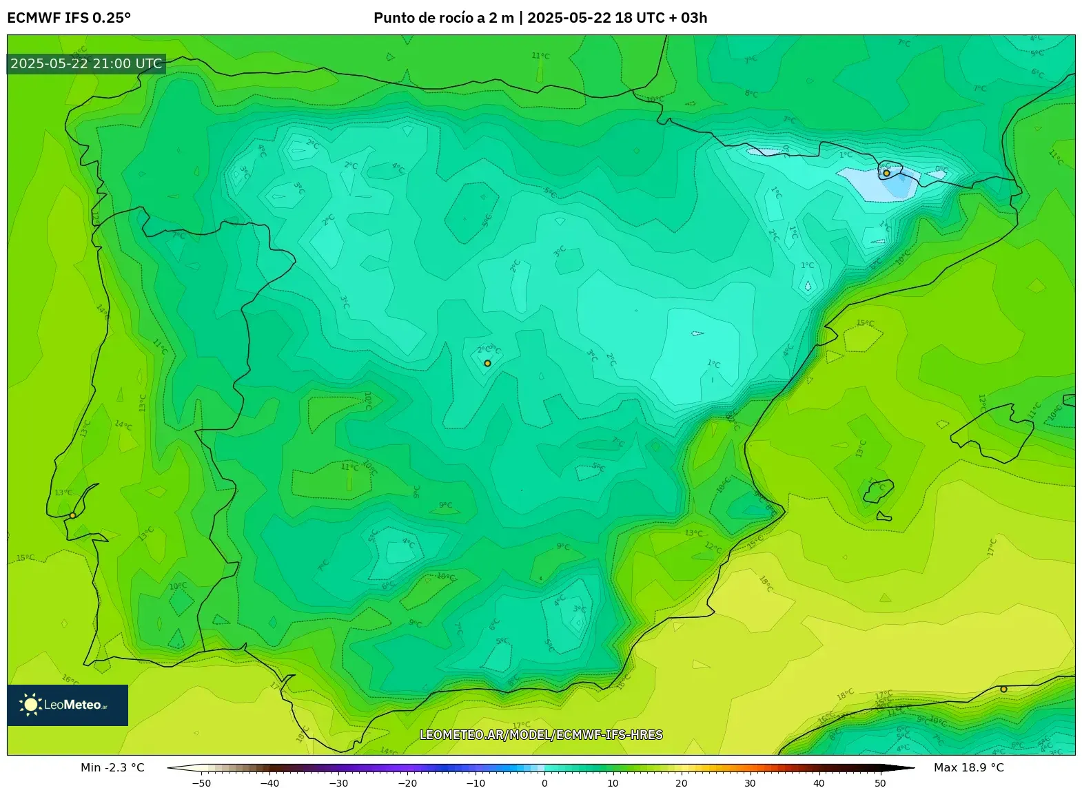 ECMWF IFS 0.25° model - España, Punto de rocío a 2 m ECMWF IFS 0.25° model - España, Punto de rocío a 2 m