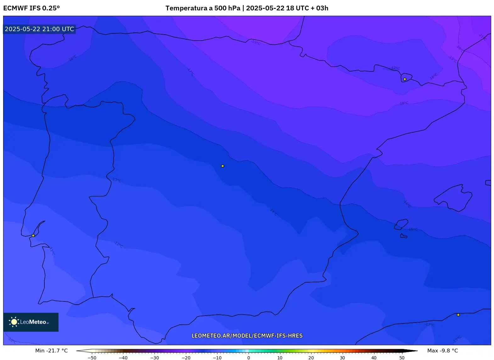 ECMWF IFS 0.25° model - España, Temperatura a 500 hPa ECMWF IFS 0.25° model - España, Temperatura a 500 hPa