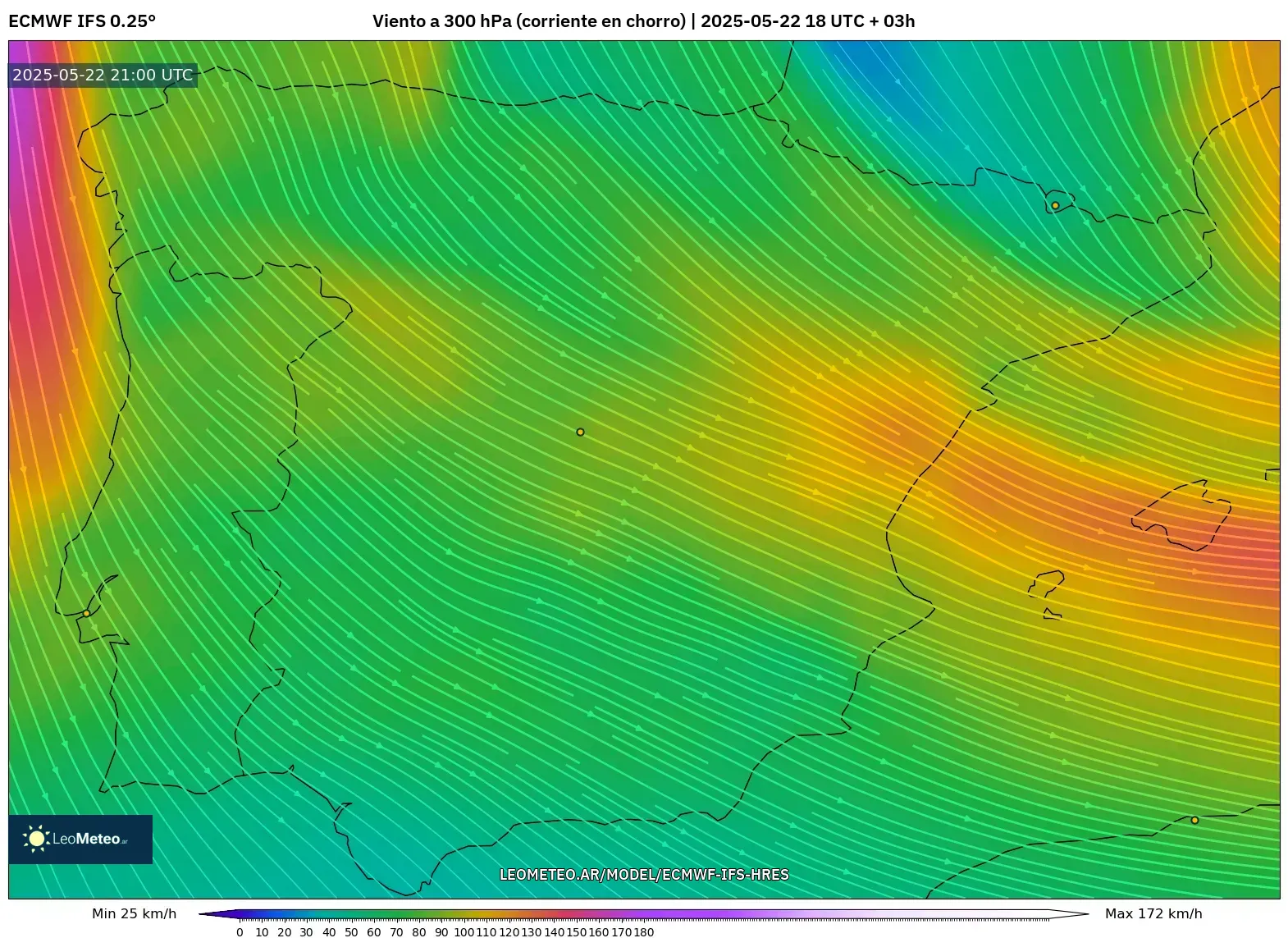 ECMWF IFS 0.25° model - España, Viento a 300 hPa (corriente en chorro) ECMWF IFS 0.25° model - España, Viento a 300 hPa (corriente en chorro)