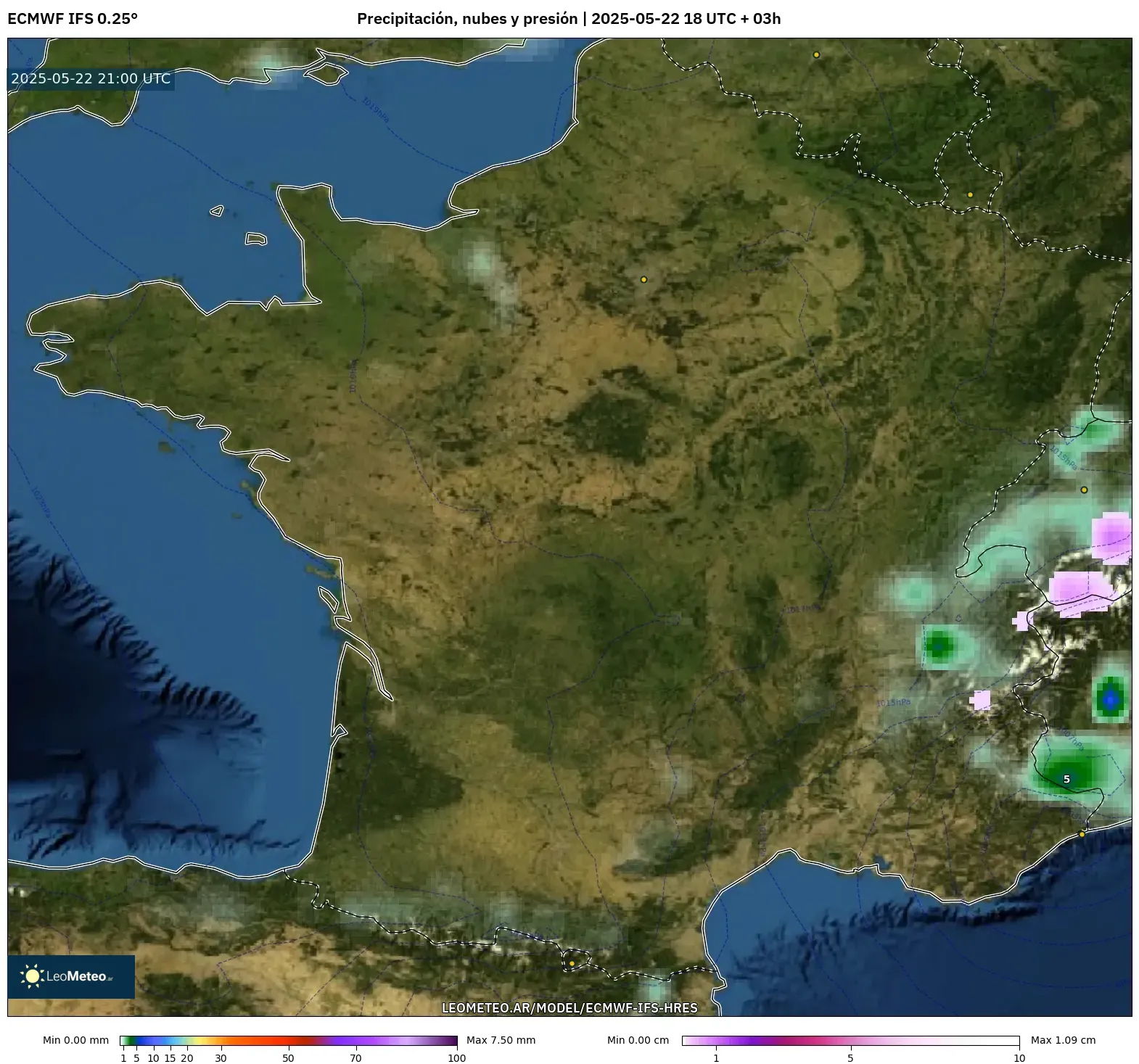 ECMWF IFS 0.25° model - Francia, Precipitación, nubes y presión ECMWF IFS 0.25° model - Francia, Precipitación, nubes y presión