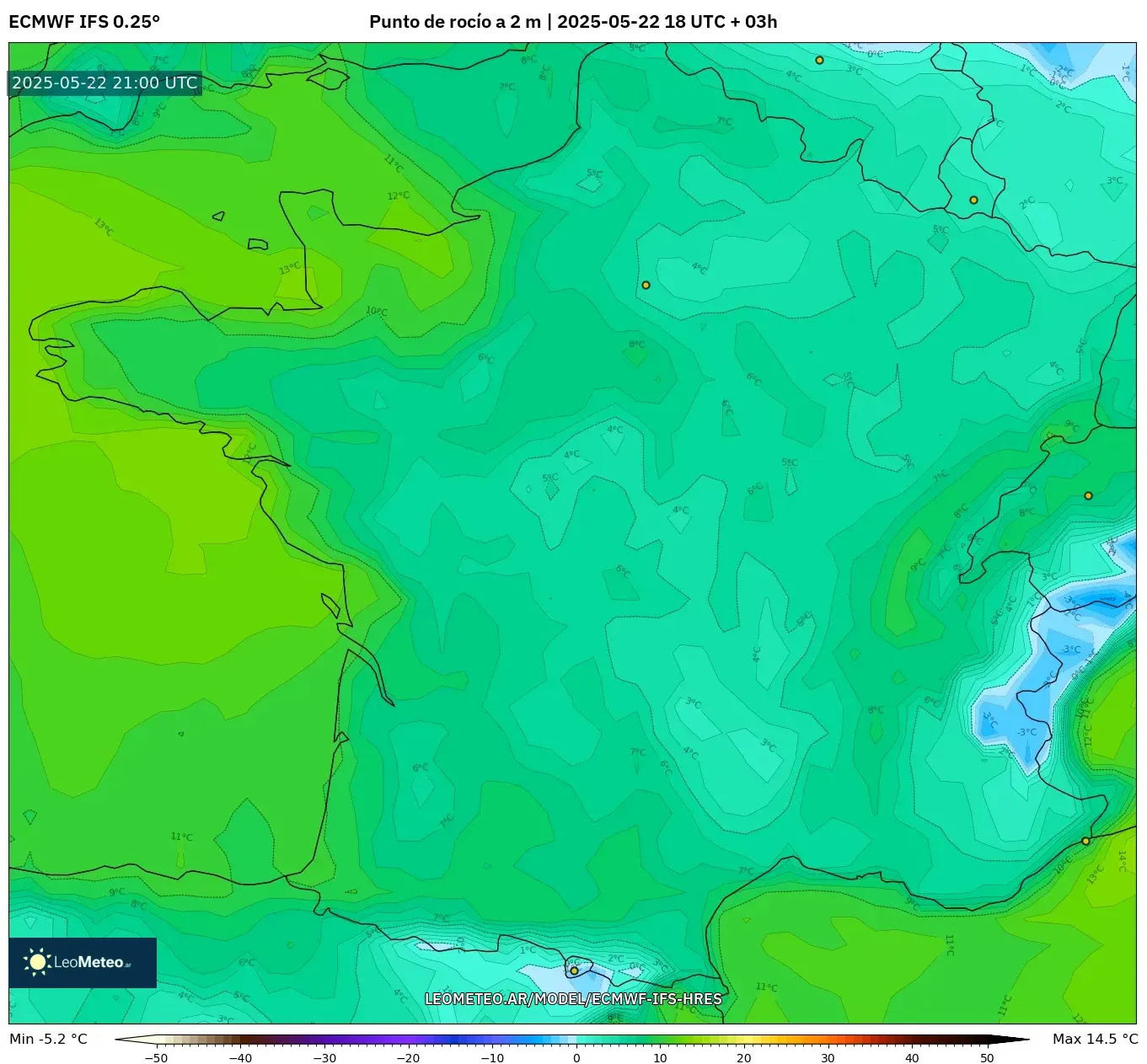 ECMWF IFS 0.25° model - Francia, Punto de rocío a 2 m ECMWF IFS 0.25° model - Francia, Punto de rocío a 2 m