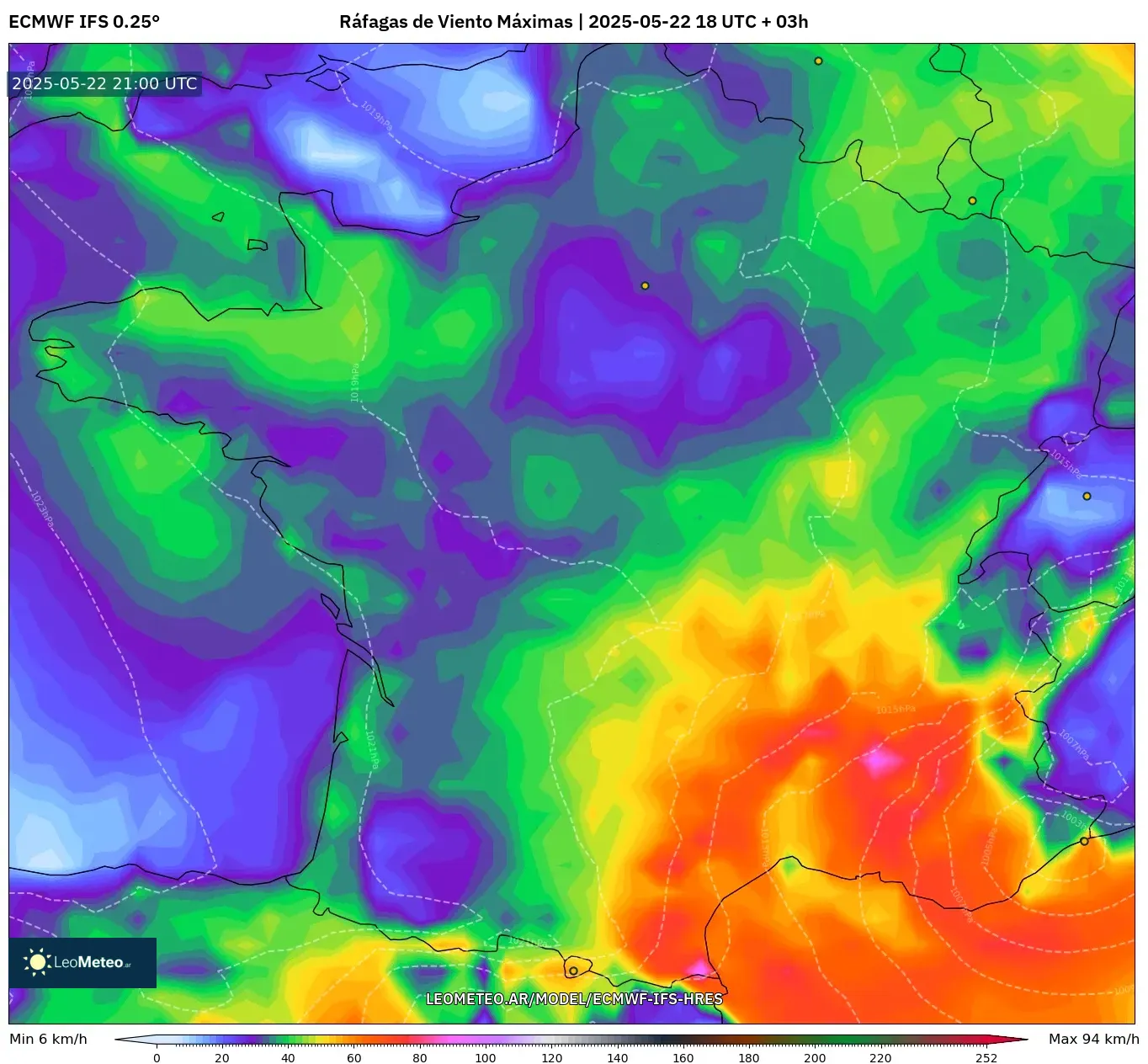 ECMWF IFS 0.25° model - Francia, Ráfagas de Viento Máximas ECMWF IFS 0.25° model - Francia, Ráfagas de Viento Máximas