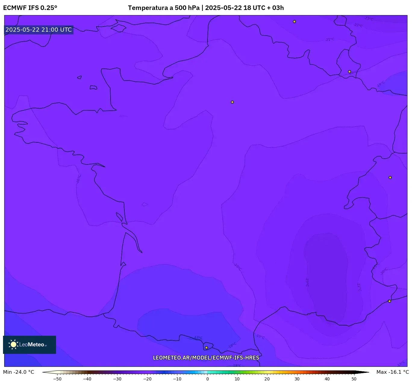 ECMWF IFS 0.25° model - Francia, Temperatura a 500 hPa ECMWF IFS 0.25° model - Francia, Temperatura a 500 hPa