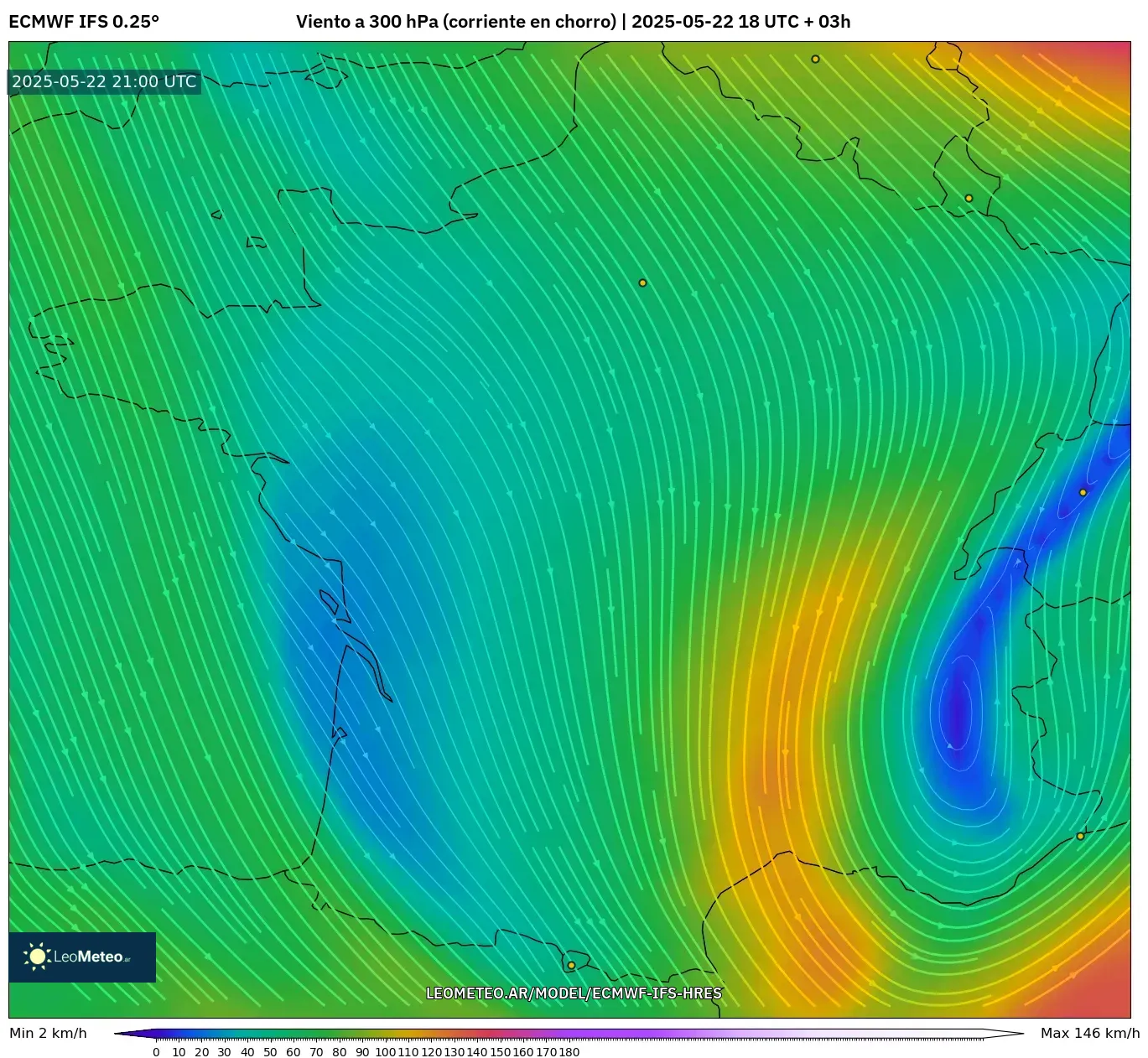 ECMWF IFS 0.25° model - Francia, Viento a 300 hPa (corriente en chorro) ECMWF IFS 0.25° model - Francia, Viento a 300 hPa (corriente en chorro)