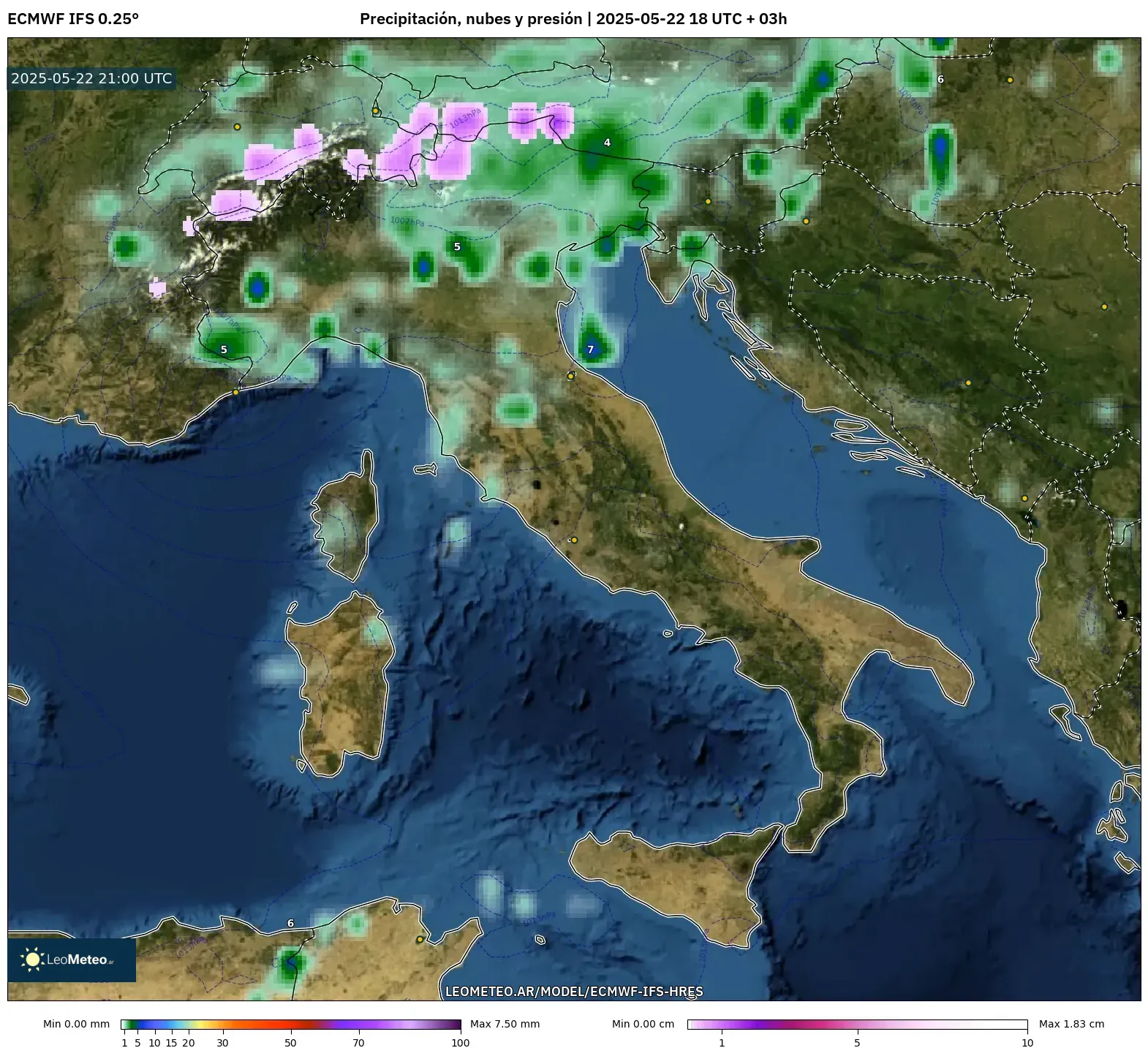 ECMWF IFS 0.25° model - Italia, Precipitación, nubes y presión ECMWF IFS 0.25° model - Italia, Precipitación, nubes y presión