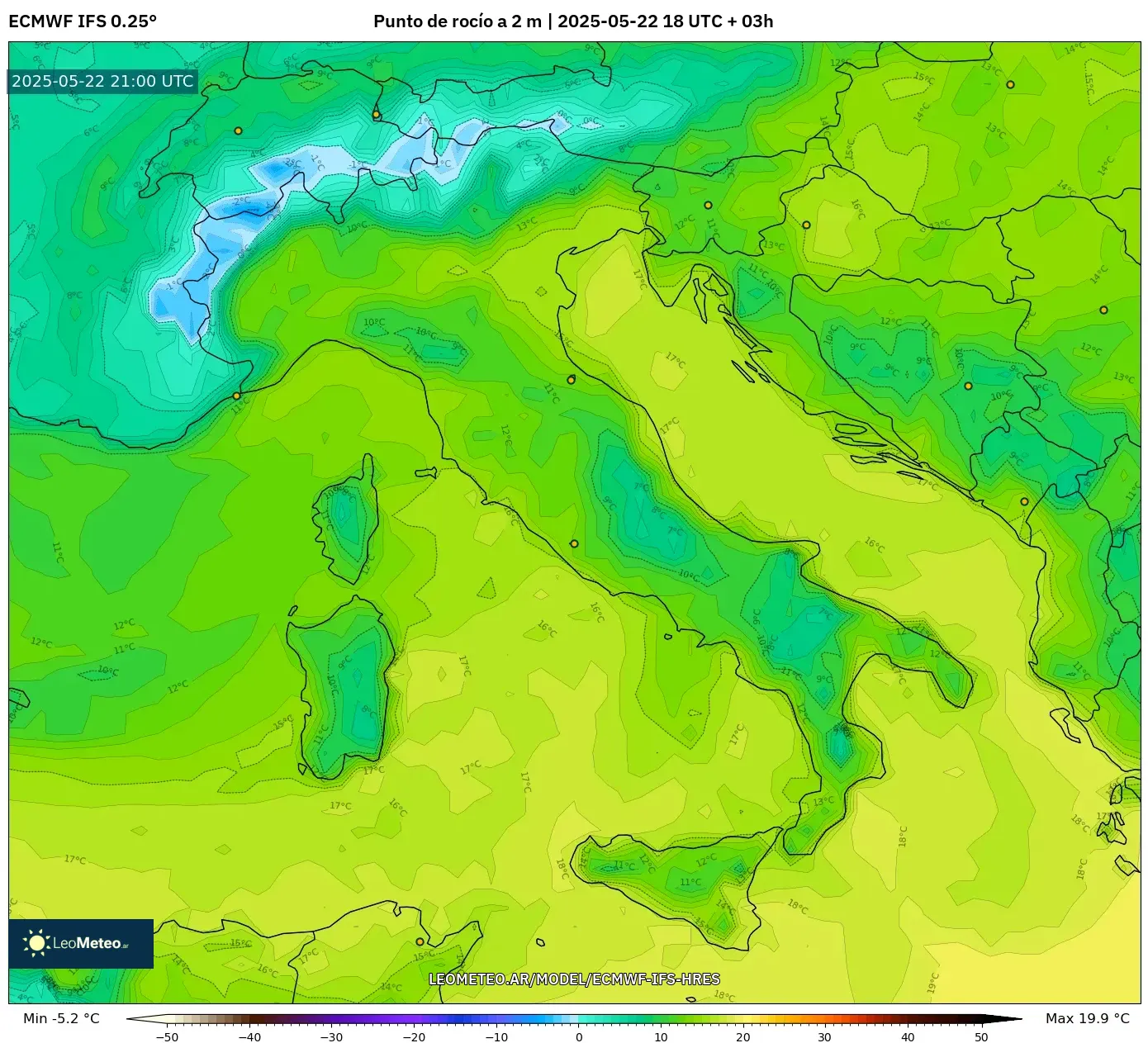 ECMWF IFS 0.25° model - Italia, Punto de rocío a 2 m ECMWF IFS 0.25° model - Italia, Punto de rocío a 2 m