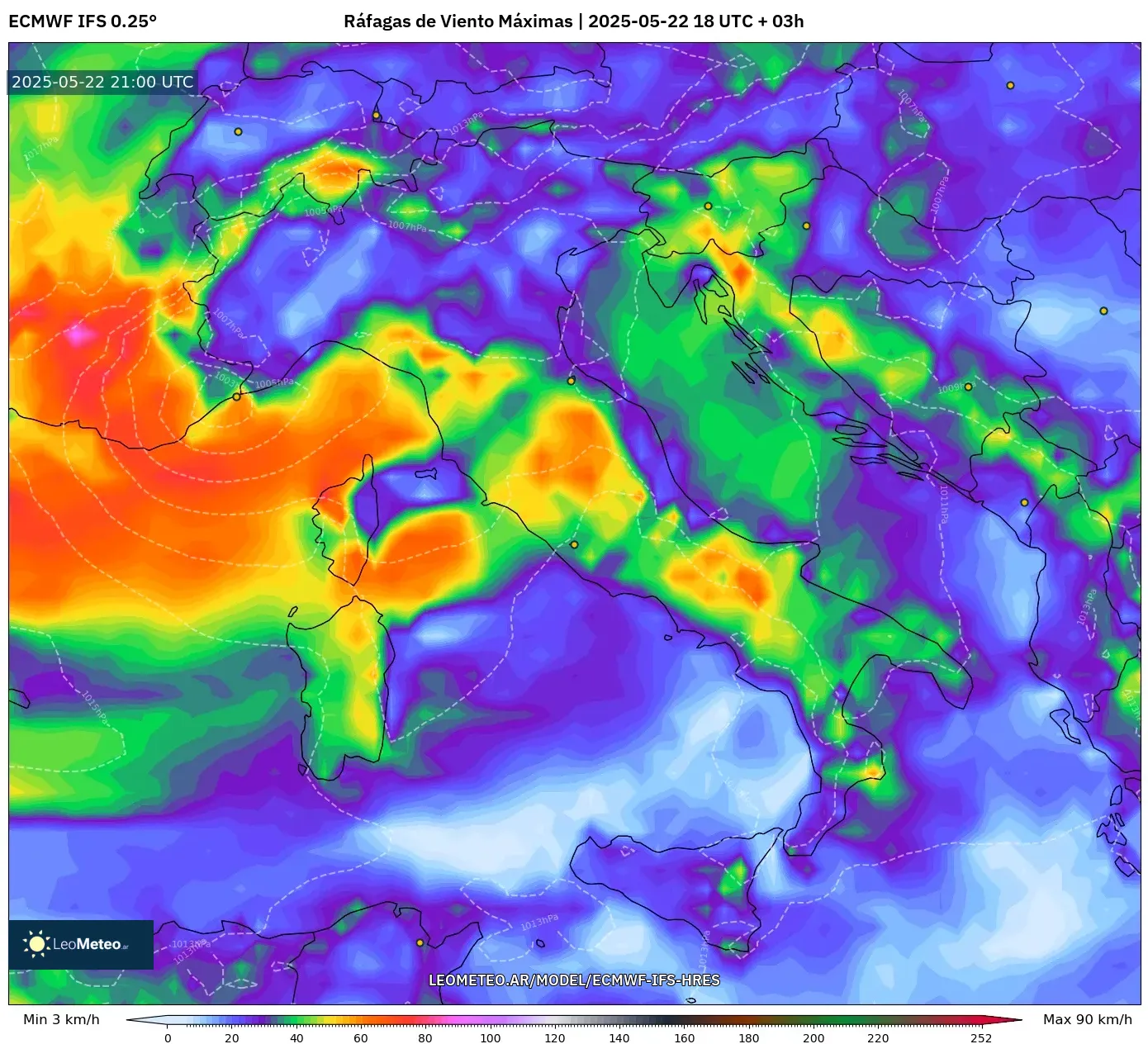 ECMWF IFS 0.25° model - Italia, Ráfagas de Viento Máximas ECMWF IFS 0.25° model - Italia, Ráfagas de Viento Máximas