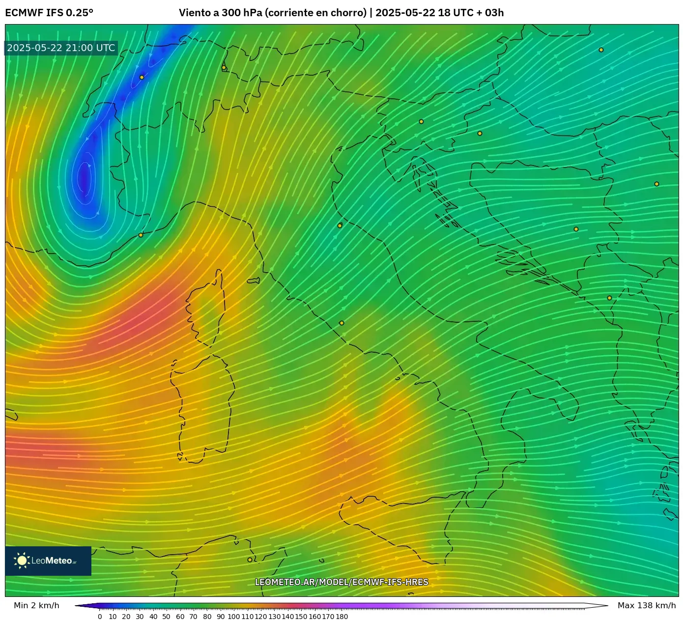ECMWF IFS 0.25° model - Italia, Viento a 300 hPa (corriente en chorro) ECMWF IFS 0.25° model - Italia, Viento a 300 hPa (corriente en chorro)