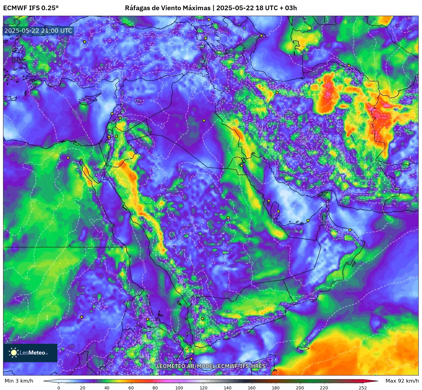 ECMWF IFS 0.25° model - Oriente Medio, Ráfagas de Viento Máximas ECMWF IFS 0.25° model - Oriente Medio, Ráfagas de Viento Máximas