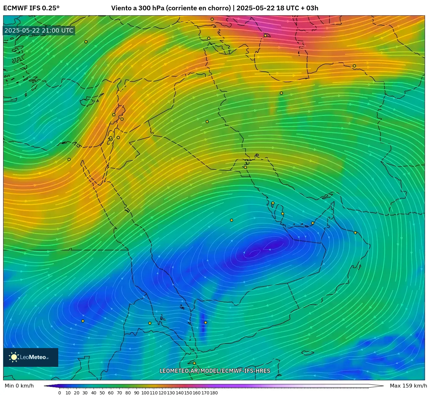 ECMWF IFS 0.25° model - Oriente Medio, Viento a 300 hPa (corriente en chorro) ECMWF IFS 0.25° model - Oriente Medio, Viento a 300 hPa (corriente en chorro)