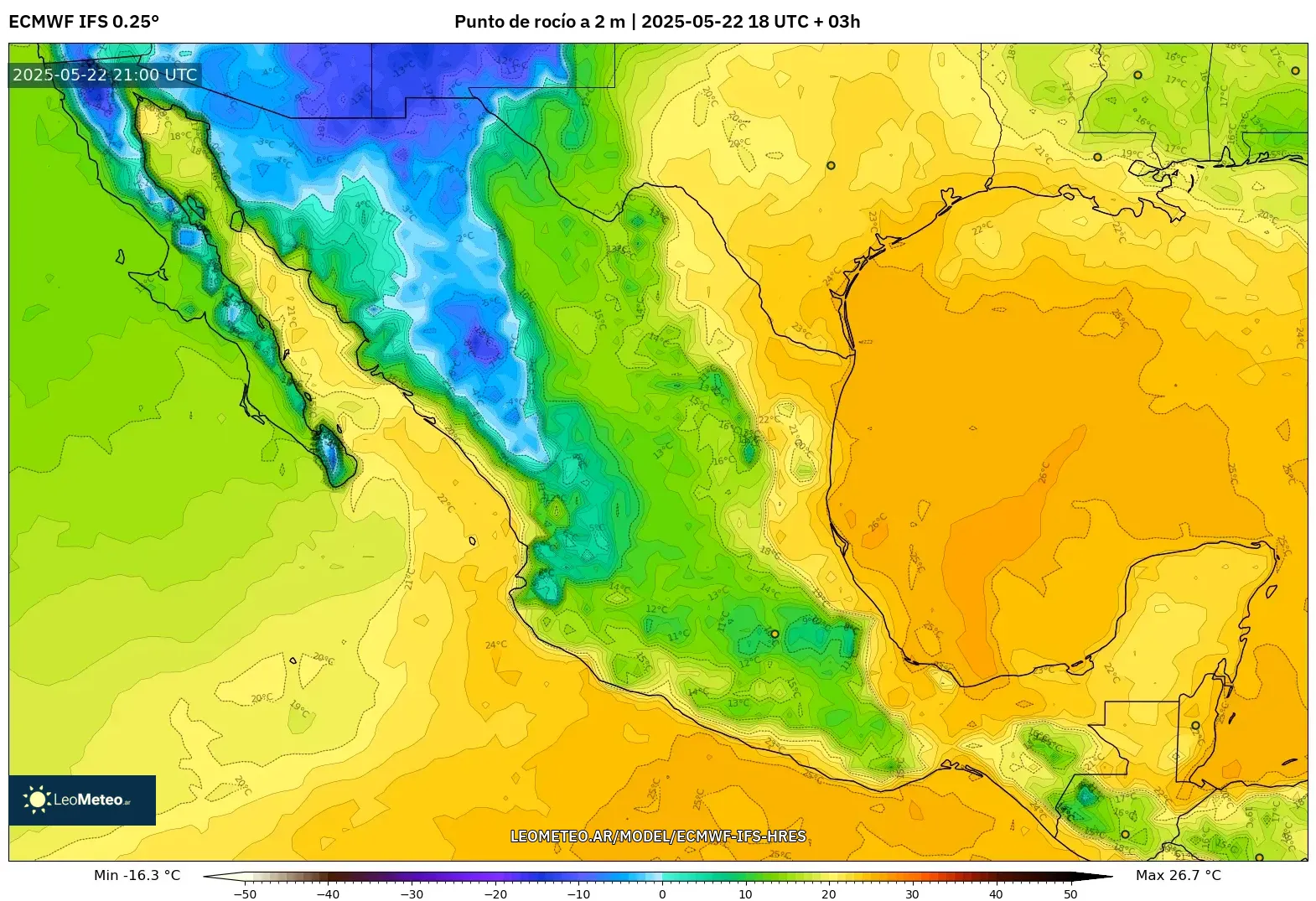 ECMWF IFS 0.25° model - México, Punto de rocío a 2 m ECMWF IFS 0.25° model - México, Punto de rocío a 2 m