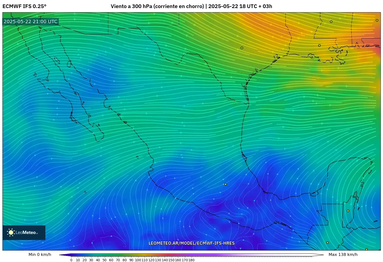 ECMWF IFS 0.25° model - México, Viento a 300 hPa (corriente en chorro) ECMWF IFS 0.25° model - México, Viento a 300 hPa (corriente en chorro)