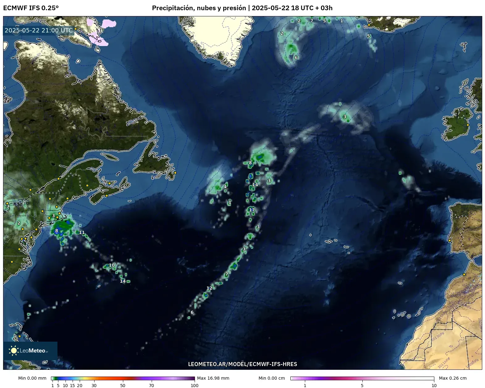 ECMWF IFS 0.25° model - Norte Atlántico, Precipitación, nubes y presión ECMWF IFS 0.25° model - Norte Atlántico, Precipitación, nubes y presión