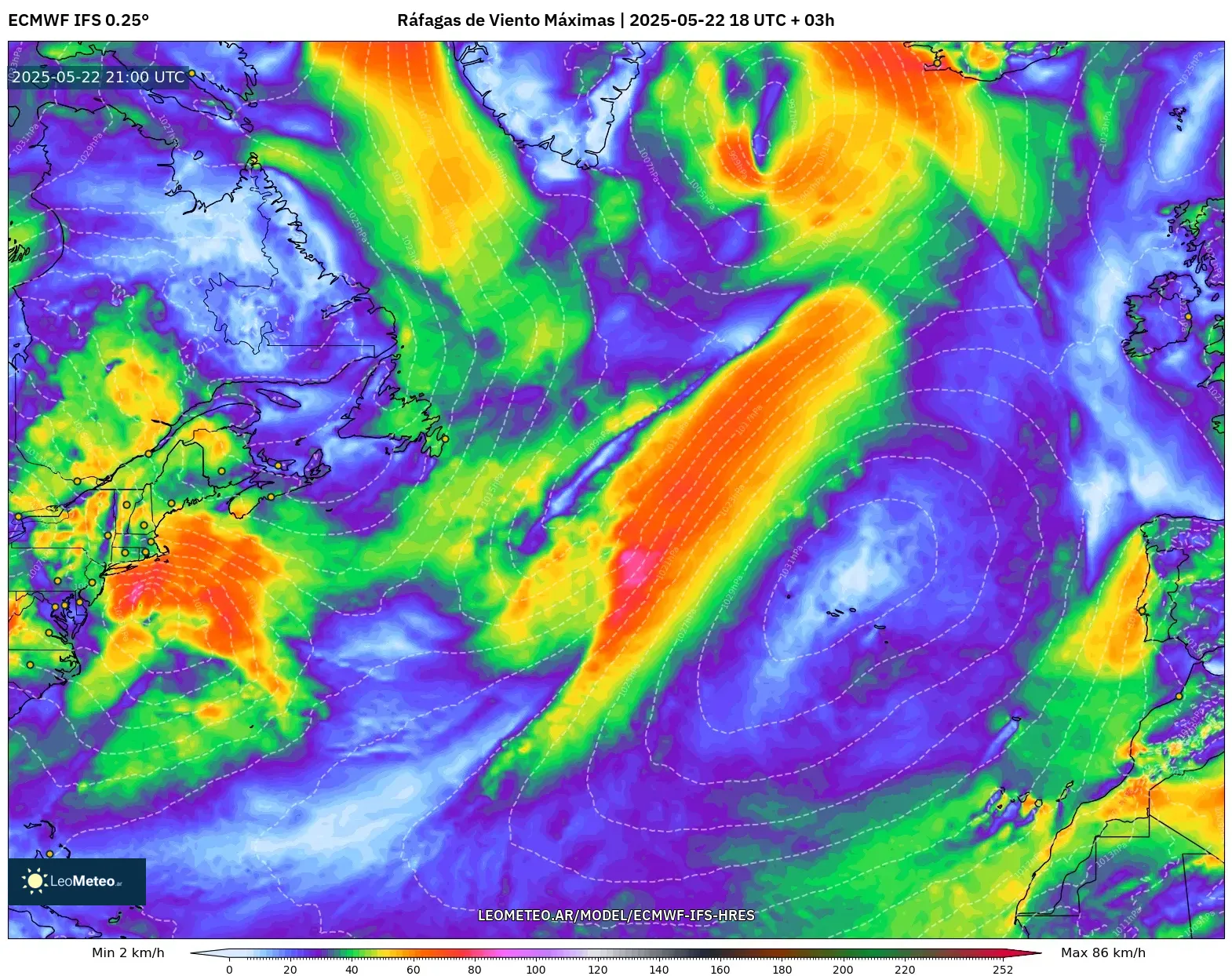 ECMWF IFS 0.25° model - Norte Atlántico, Ráfagas de Viento Máximas ECMWF IFS 0.25° model - Norte Atlántico, Ráfagas de Viento Máximas
