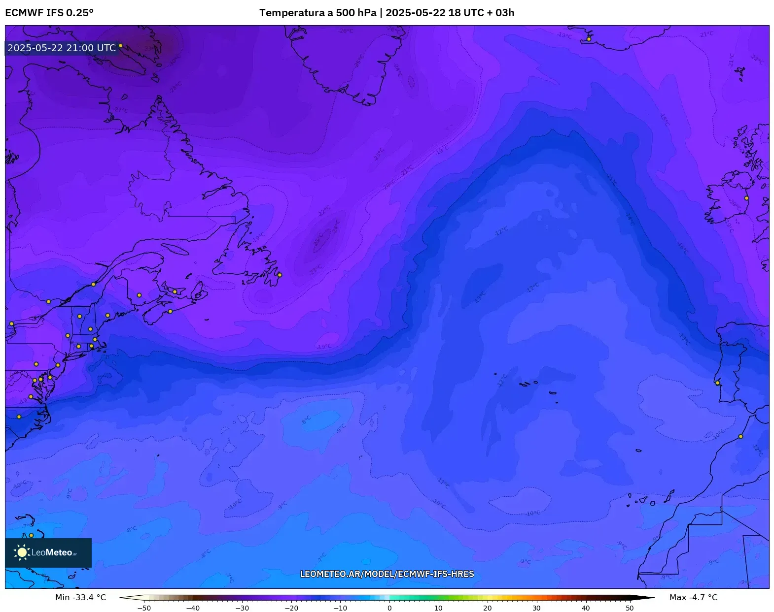 ECMWF IFS 0.25° model - Norte Atlántico, Temperatura a 500 hPa ECMWF IFS 0.25° model - Norte Atlántico, Temperatura a 500 hPa