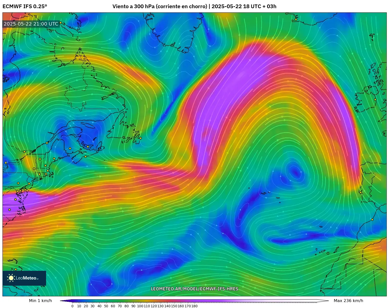 ECMWF IFS 0.25° model - Norte Atlántico, Viento a 300 hPa (corriente en chorro) ECMWF IFS 0.25° model - Norte Atlántico, Viento a 300 hPa (corriente en chorro)