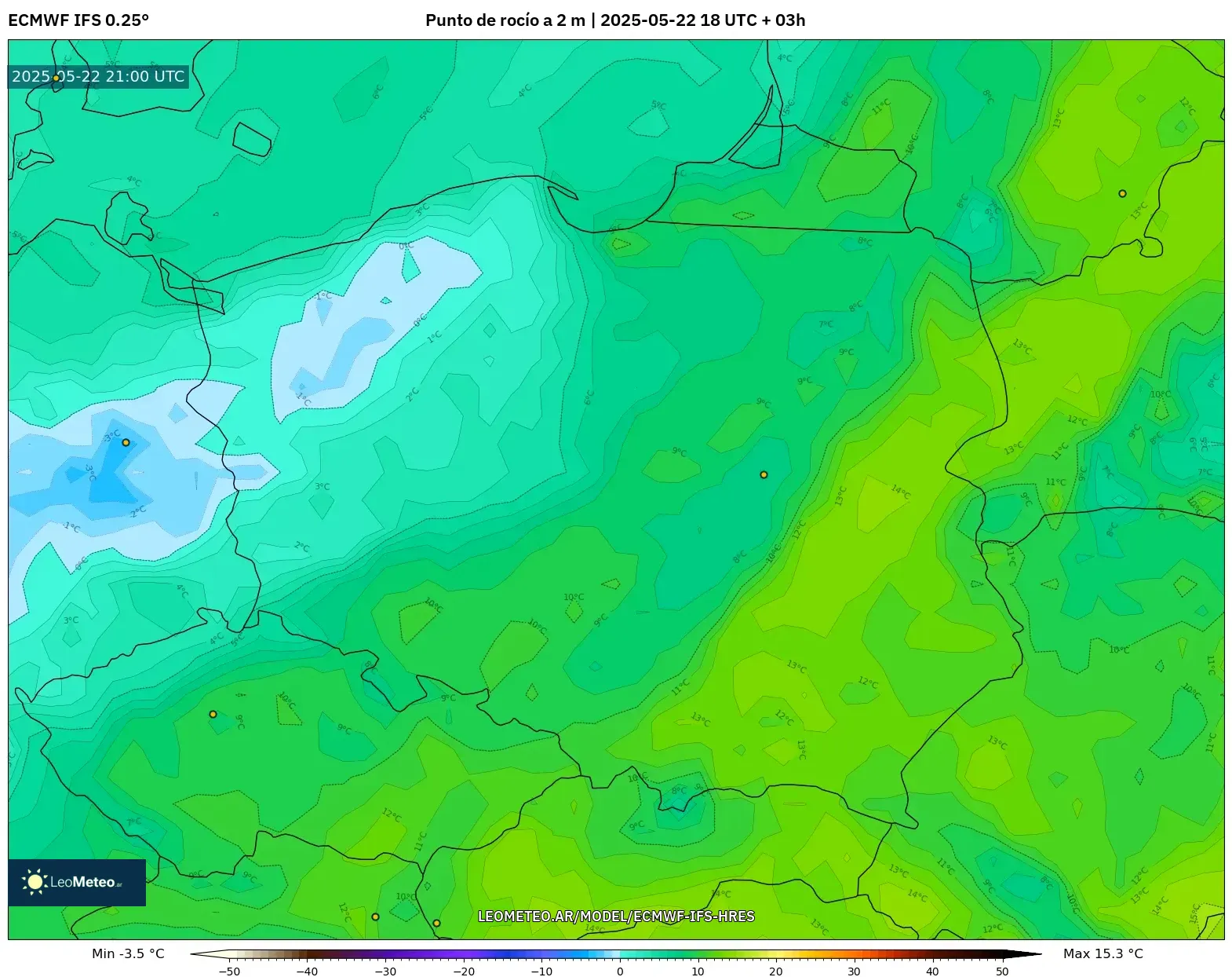 ECMWF IFS 0.25° model - Polonia, Punto de rocío a 2 m ECMWF IFS 0.25° model - Polonia, Punto de rocío a 2 m