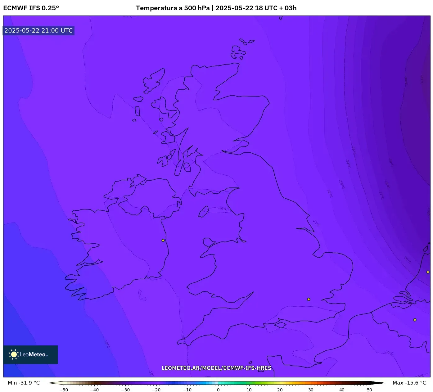 ECMWF IFS 0.25° model - Reino Unido, Temperatura a 500 hPa ECMWF IFS 0.25° model - Reino Unido, Temperatura a 500 hPa