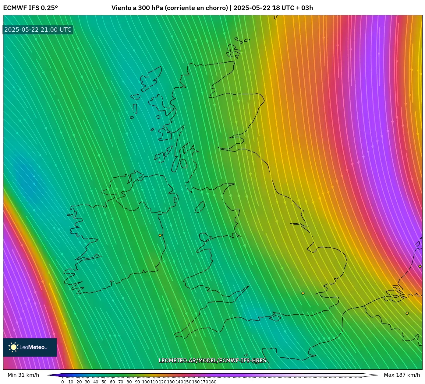 ECMWF IFS 0.25° model - Reino Unido, Viento a 300 hPa (corriente en chorro) ECMWF IFS 0.25° model - Reino Unido, Viento a 300 hPa (corriente en chorro)