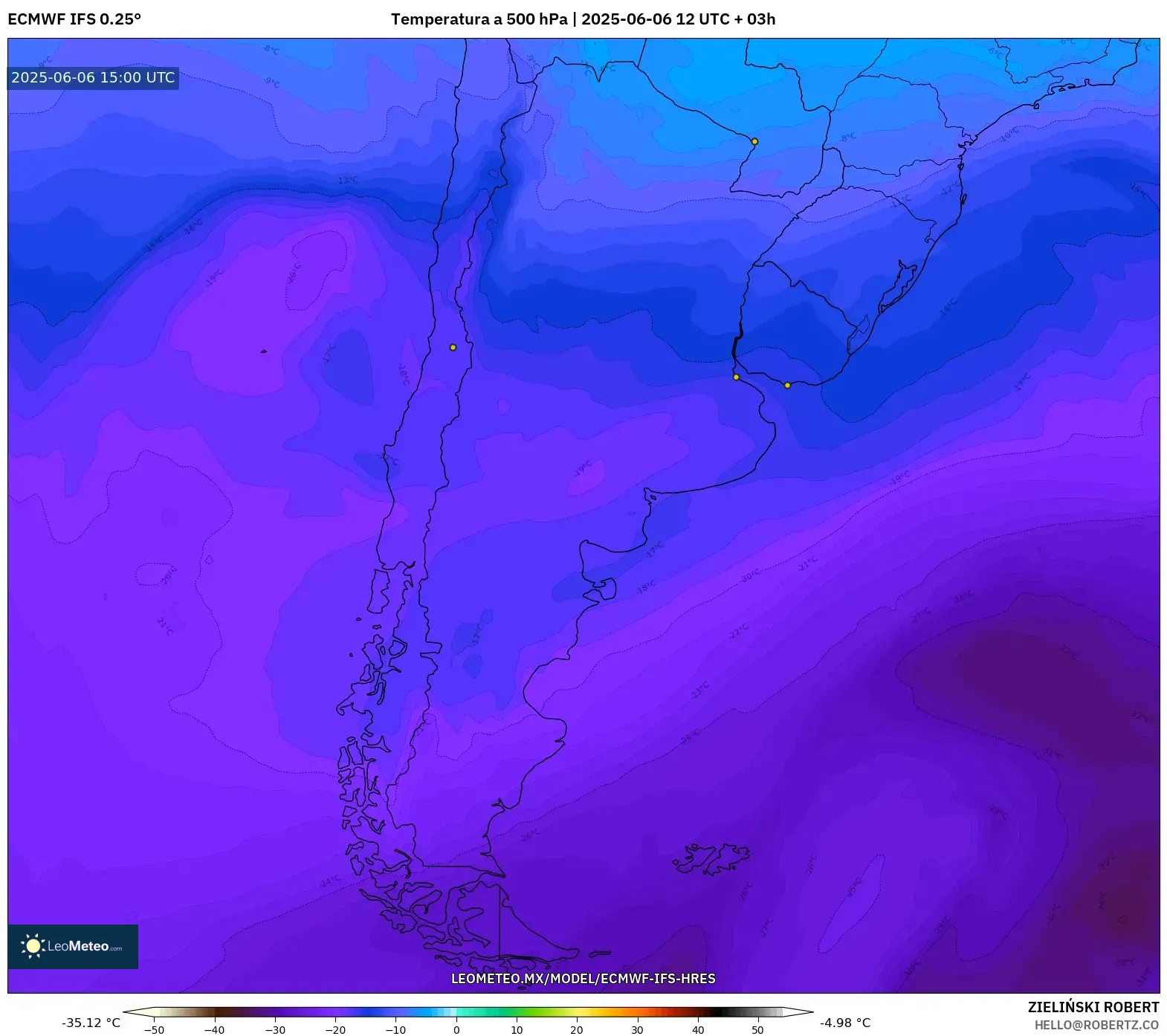 ECMWF IFS 0.25° model - Argentina, Temperatura a 500 hPa ECMWF IFS 0.25° model - Argentina, Temperatura a 500 hPa