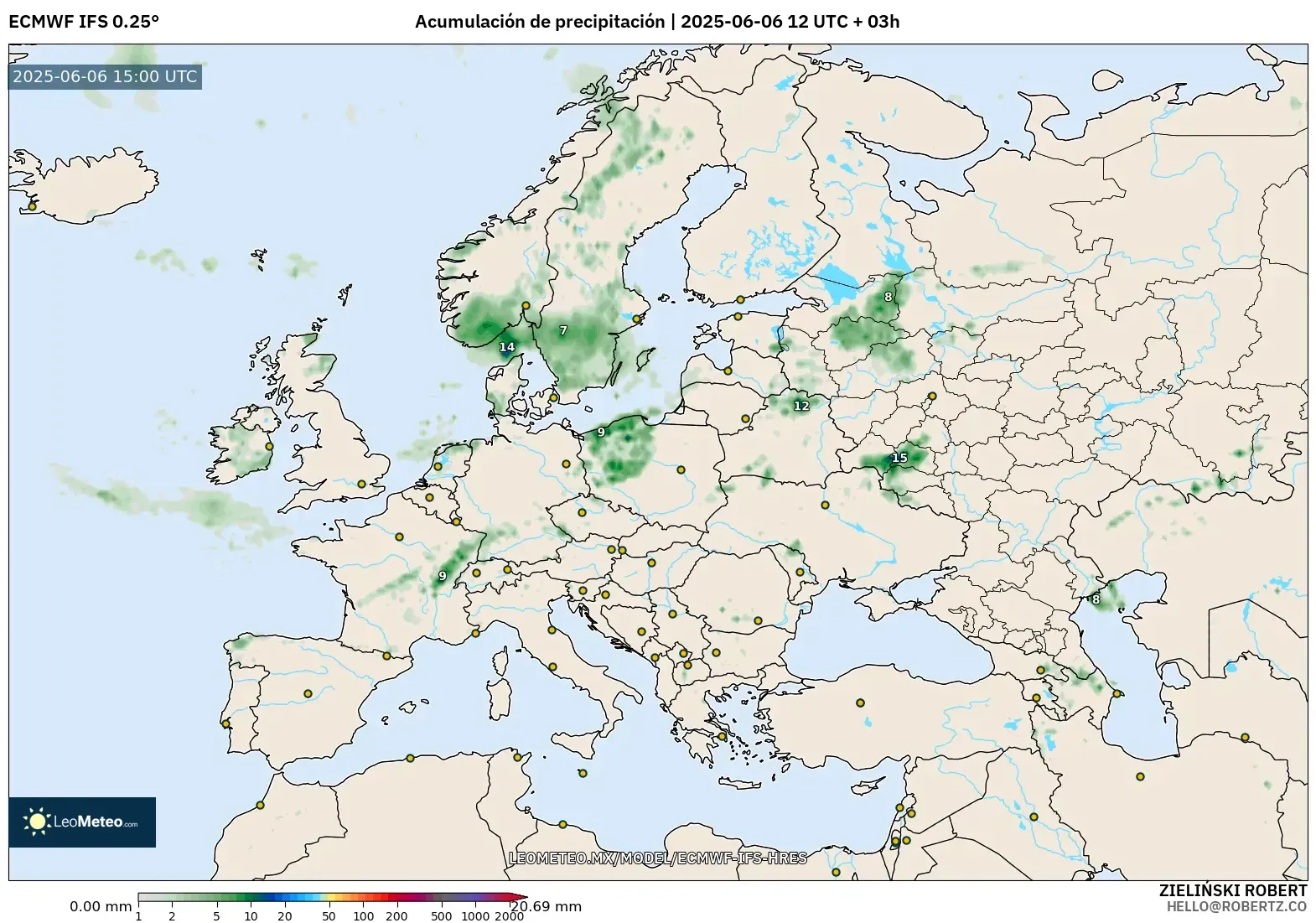 ECMWF IFS 0.25° model - Europa, Acumulación de precipitación