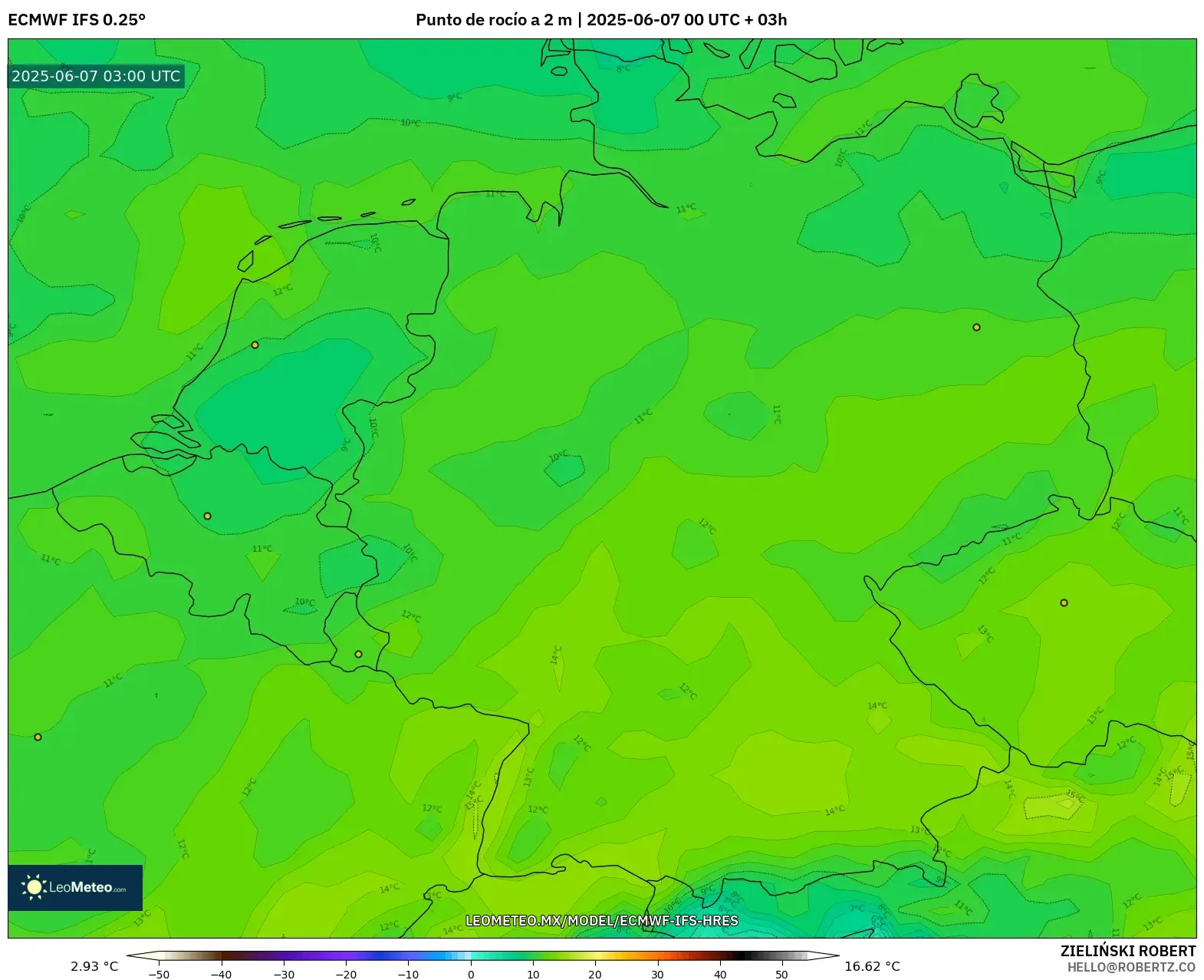 ECMWF IFS 0.25° model - Alemania, Punto de rocío a 2 m ECMWF IFS 0.25° model - Alemania, Punto de rocío a 2 m