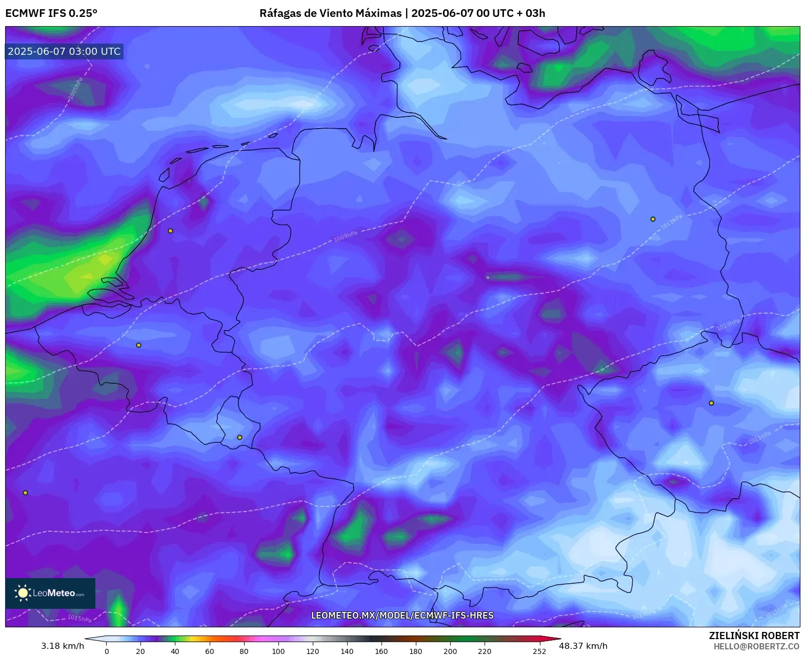 ECMWF IFS 0.25° model - Alemania, Ráfagas de Viento Máximas ECMWF IFS 0.25° model - Alemania, Ráfagas de Viento Máximas