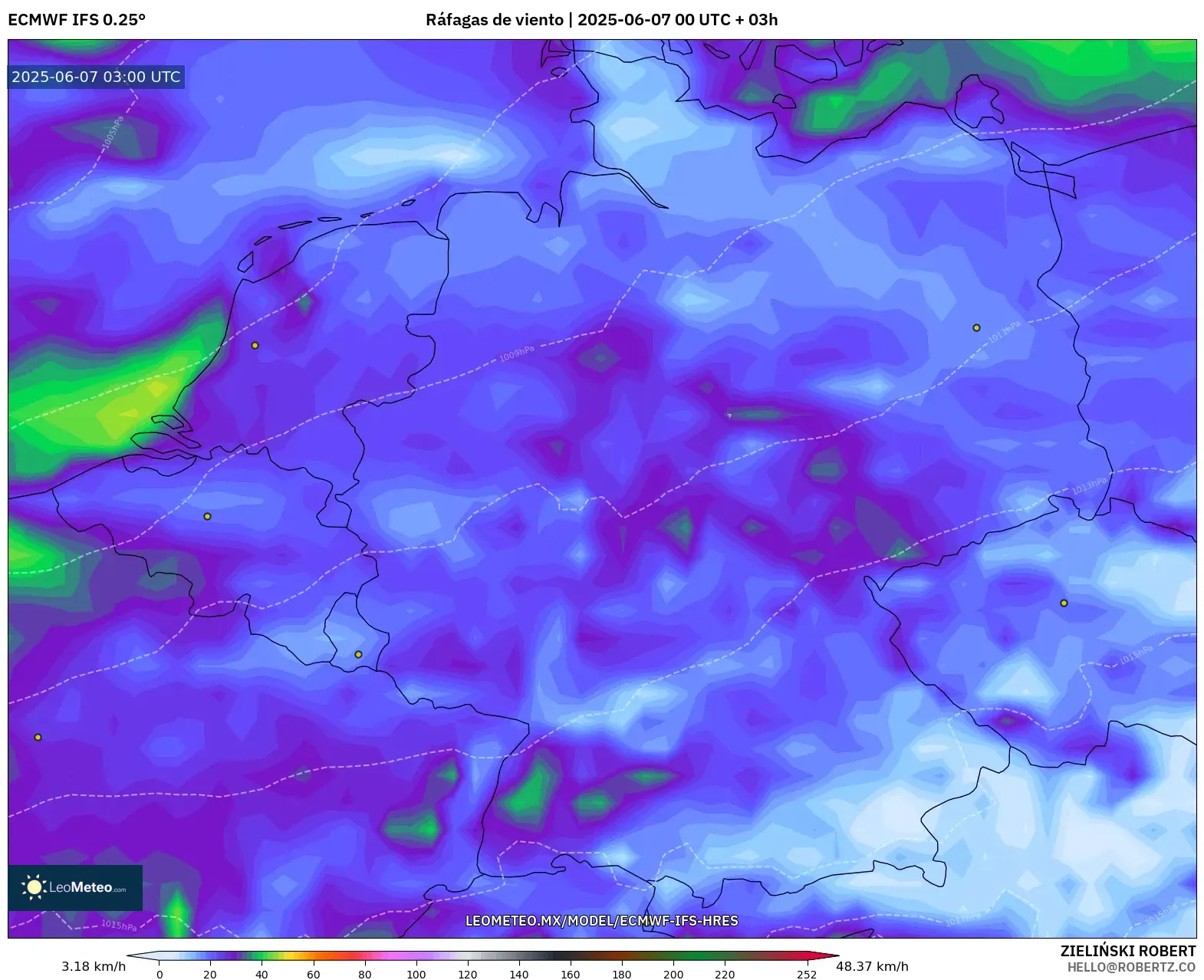 ECMWF IFS 0.25° model - Alemania, Ráfagas de viento ECMWF IFS 0.25° model - Alemania, Ráfagas de viento