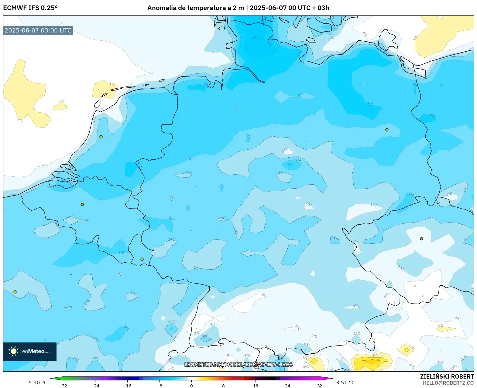 ECMWF IFS 0.25° model - Alemania, Anomalía de temperatura a 2 m ECMWF IFS 0.25° model - Alemania, Anomalía de temperatura a 2 m