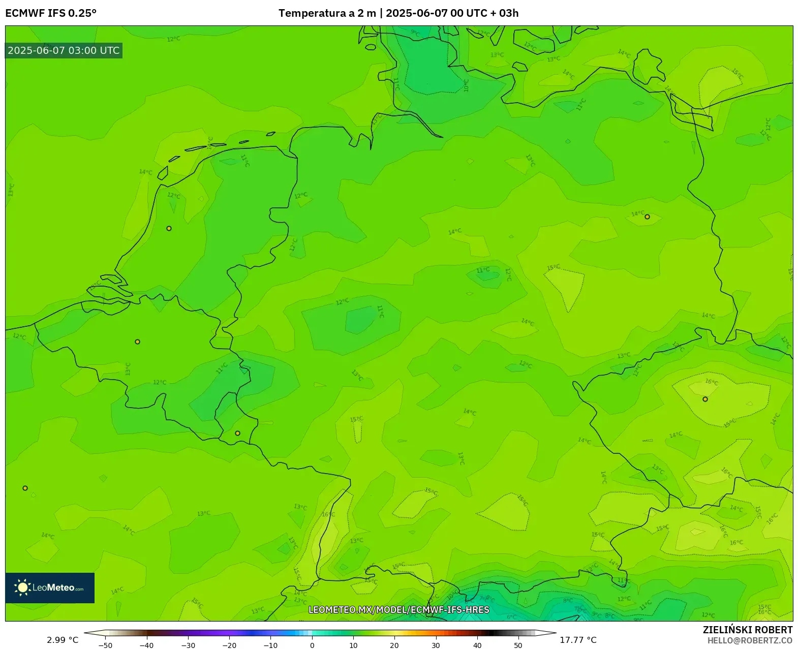 ECMWF IFS 0.25° model - Alemania, Temperatura a 2 m ECMWF IFS 0.25° model - Alemania, Temperatura a 2 m