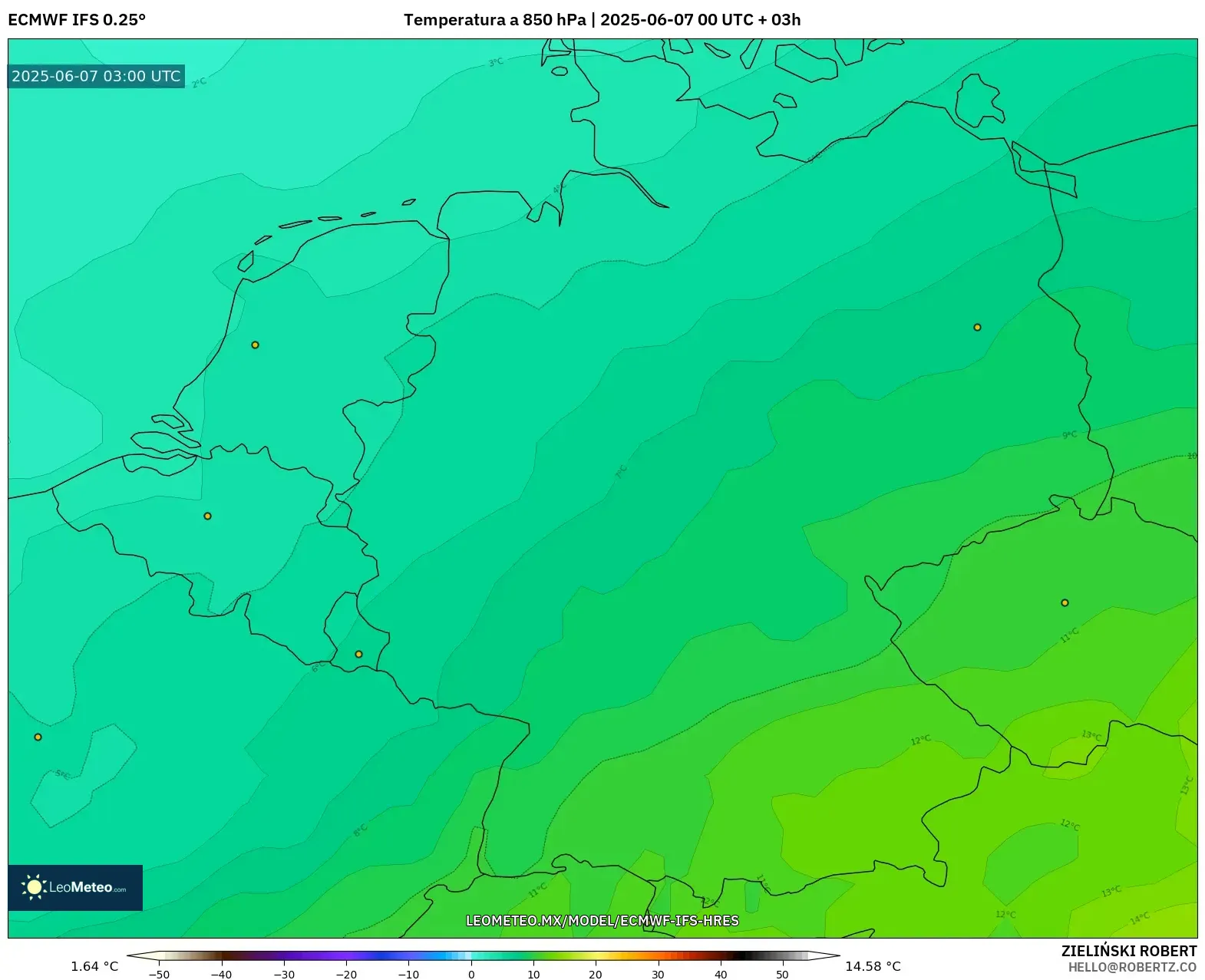 ECMWF IFS 0.25° model - Alemania, Temperatura a 850 hPa ECMWF IFS 0.25° model - Alemania, Temperatura a 850 hPa