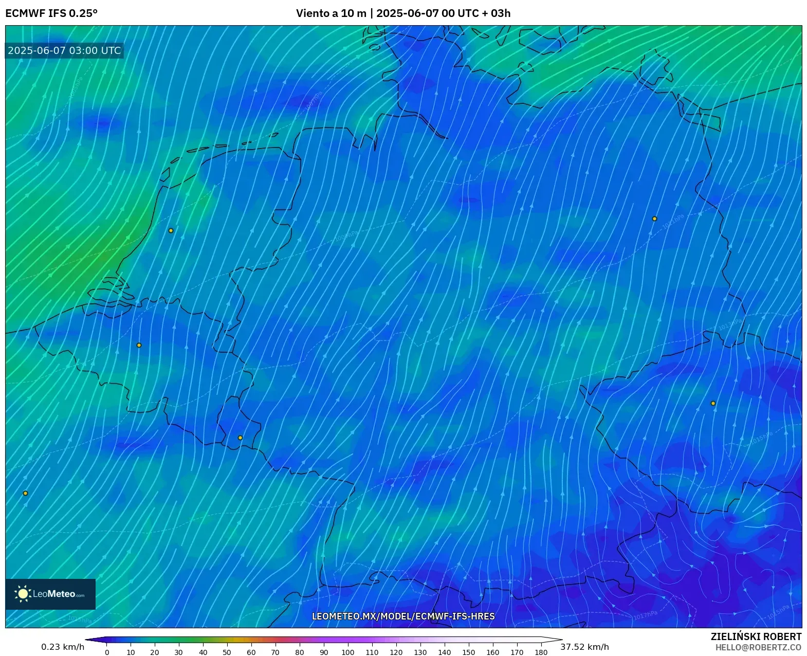 ECMWF IFS 0.25° model - Alemania, Viento a 10 m