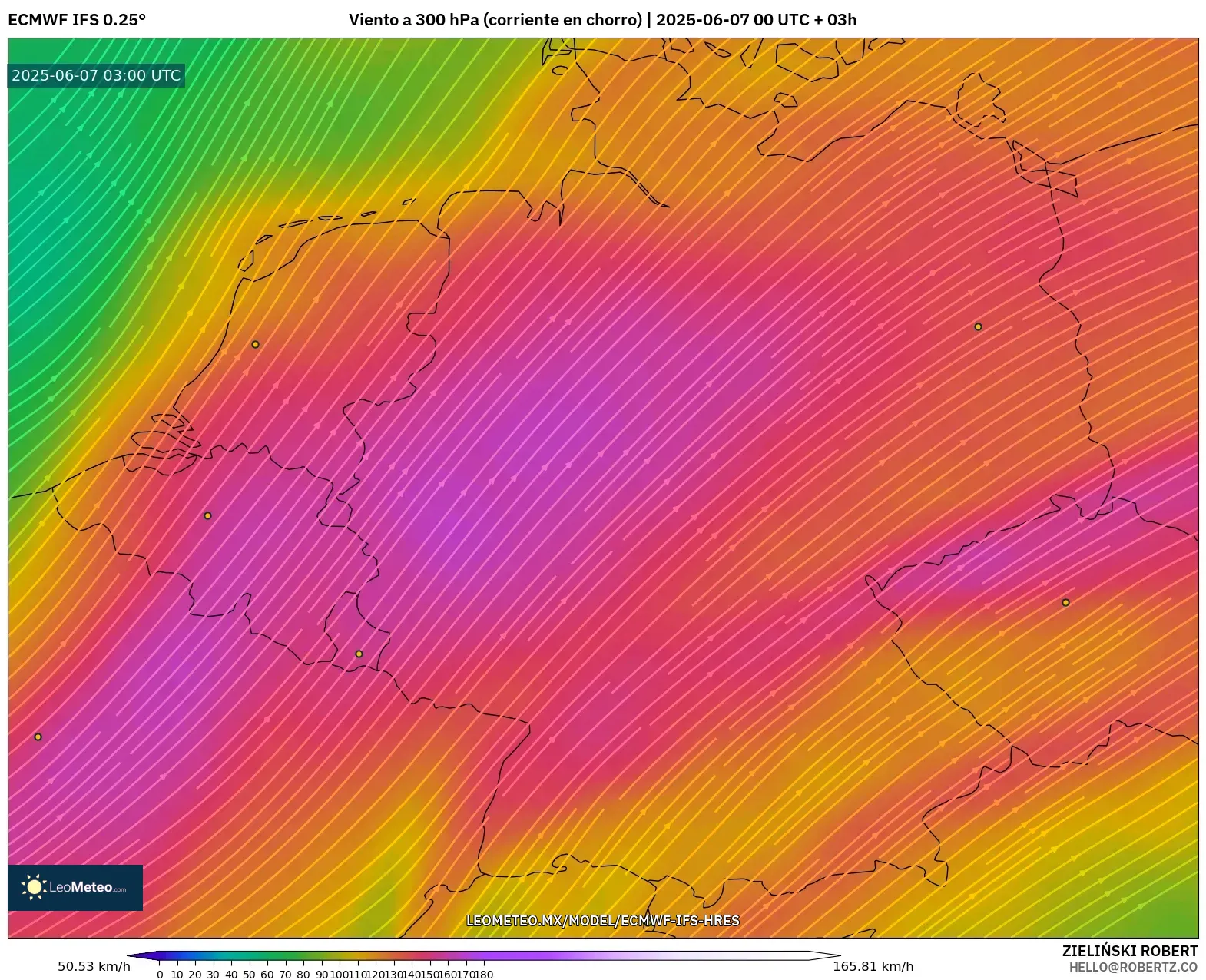 ECMWF IFS 0.25° model - Alemania, Viento a 300 hPa (corriente en chorro)
